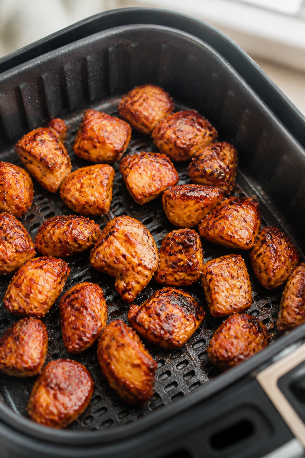 Cooking process close-up: Air fryer basket at 390â400°F with a single layer of glossy, partially