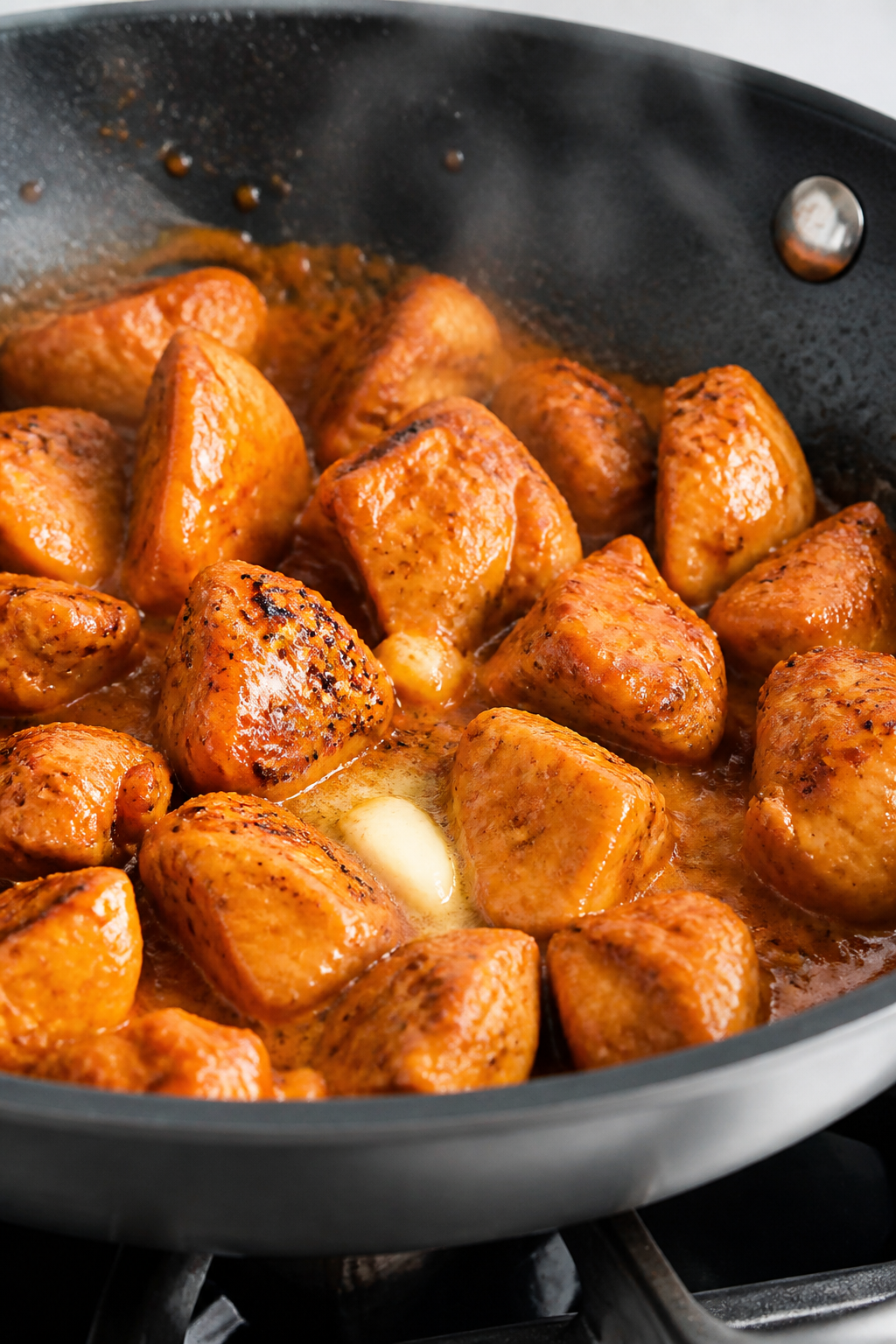 Cooking process close-up: Bite-size chicken breast pieces searing in a large nonstick skillet, golde