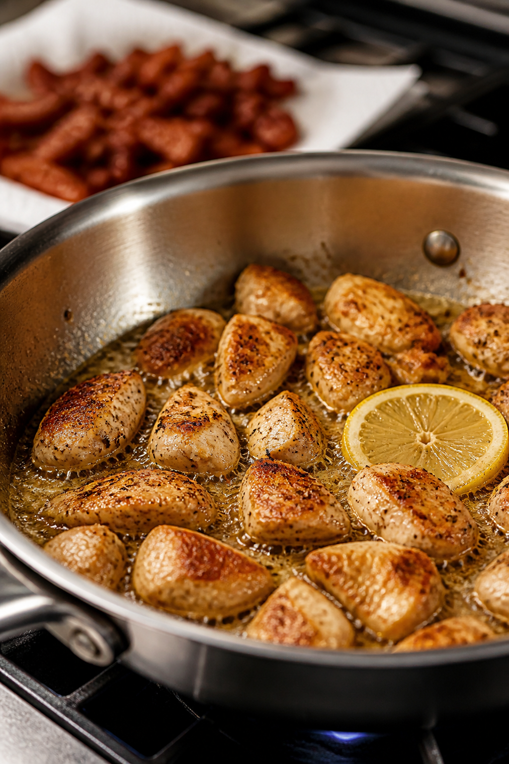 Cooking process close-up: Bite-size chicken breast pieces searing in a stainless steel skillet, ligh