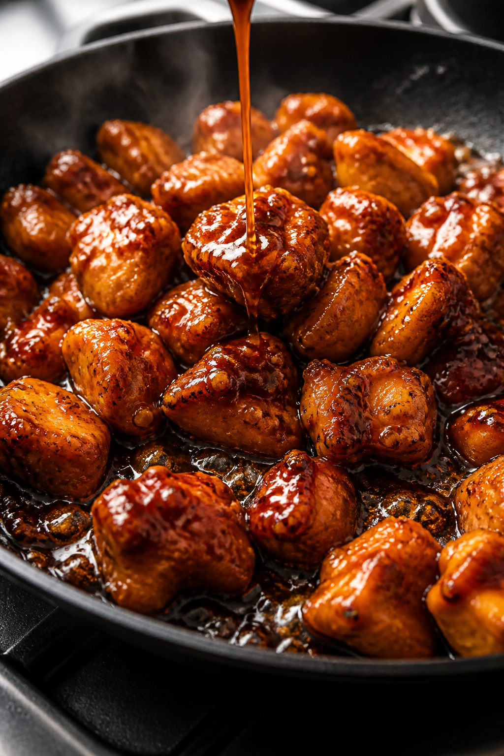 Cooking process close-up: Bite-size chicken pieces searing in a large skillet over medium-high heat,