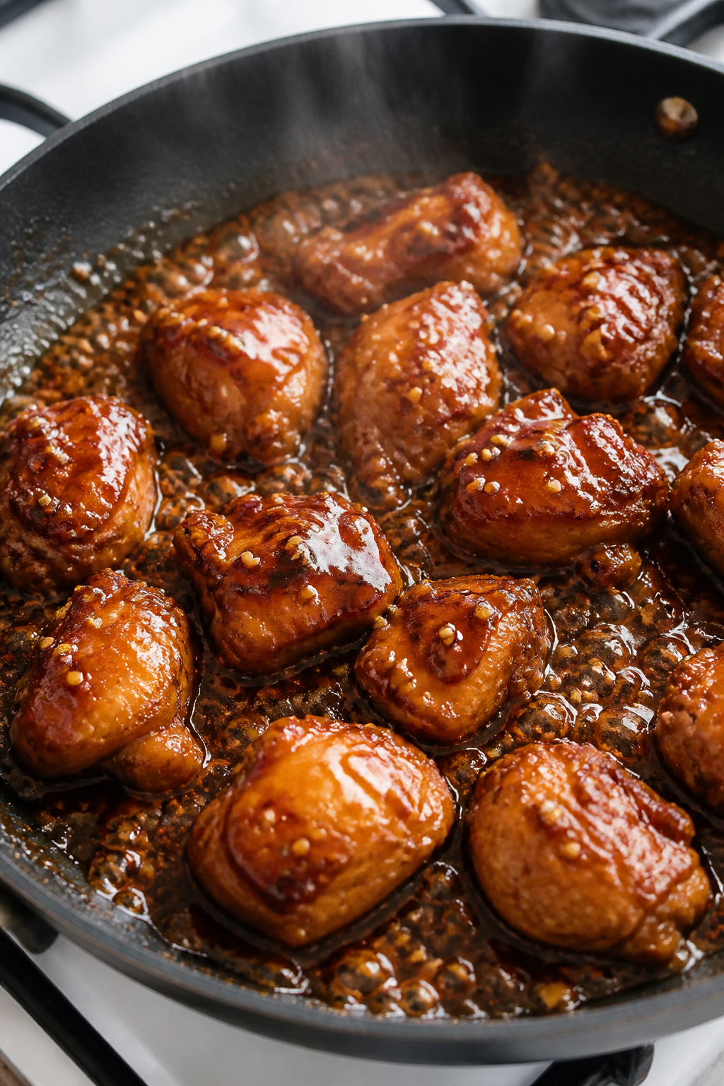 Cooking process, close-up: Bite-size chicken thighs searing in a large skillet, edges deeply caramel