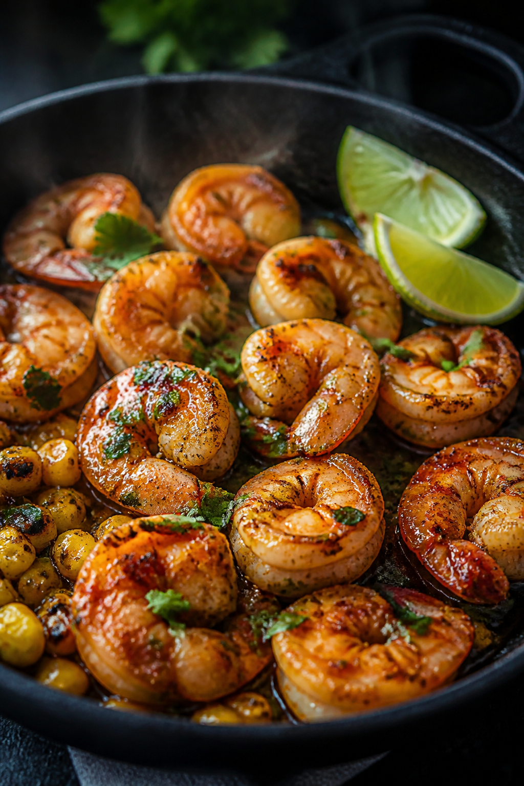 Cooking process close-up: Chili-lime seasoned shrimp sizzling in a hot cast-iron skillet, lightly br