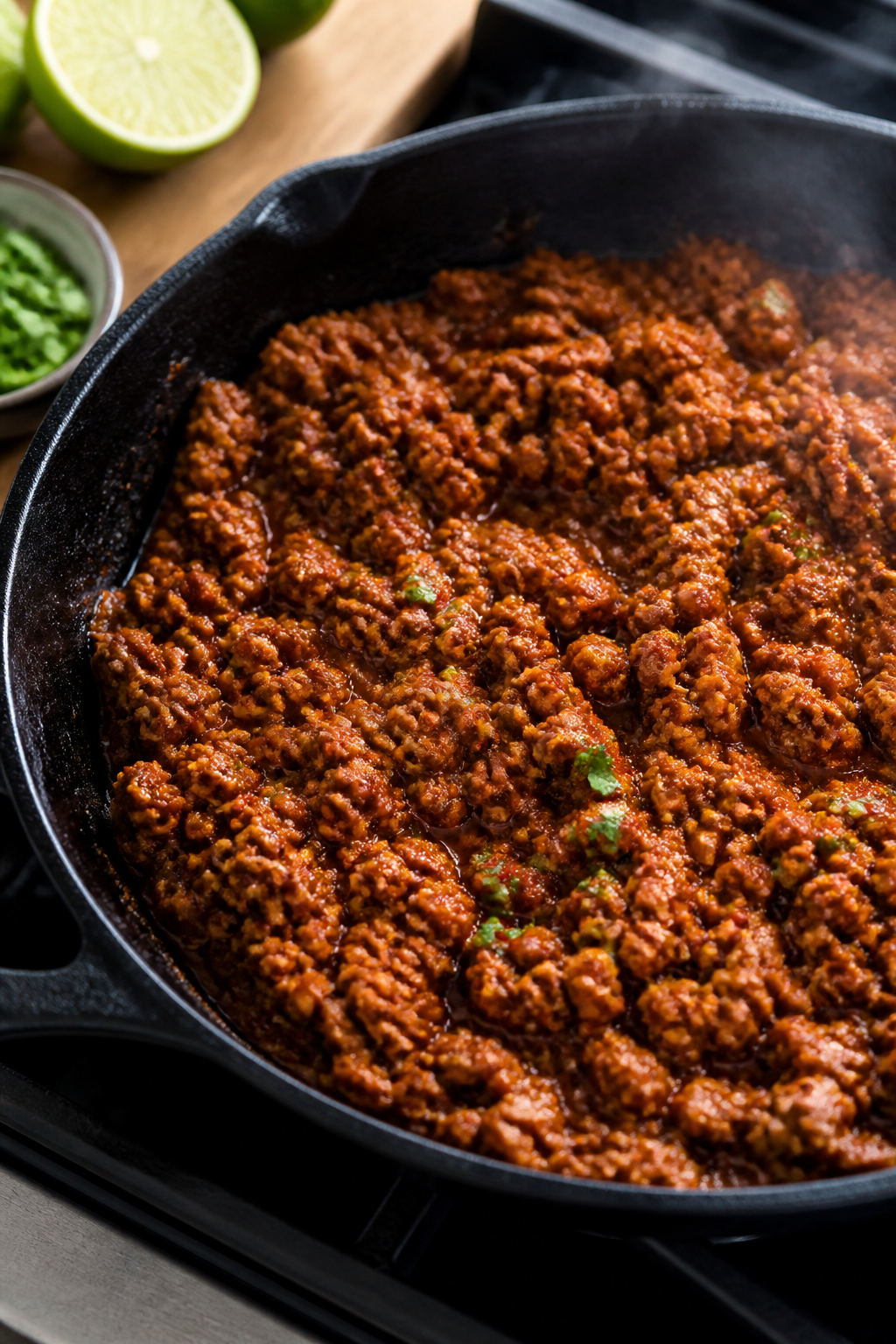 Cooking process close-up: Crumbled extra-lean ground turkey sizzling in a cast-iron skillet, saucy a