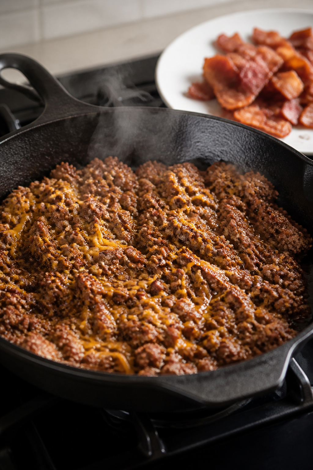 Cooking process close-up: Crumbled ground beef sizzling in a black cast-iron skillet, flecked with b