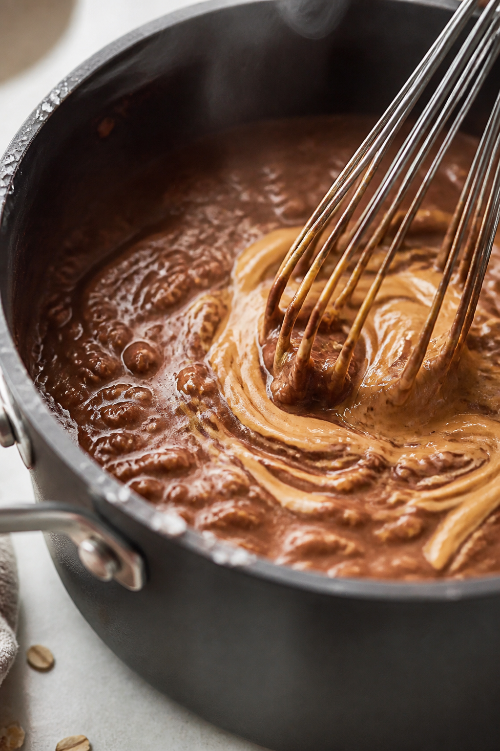 Cooking process, close-up detail: A tight, steamy close-up of chocolate oatmeal just off the heat in