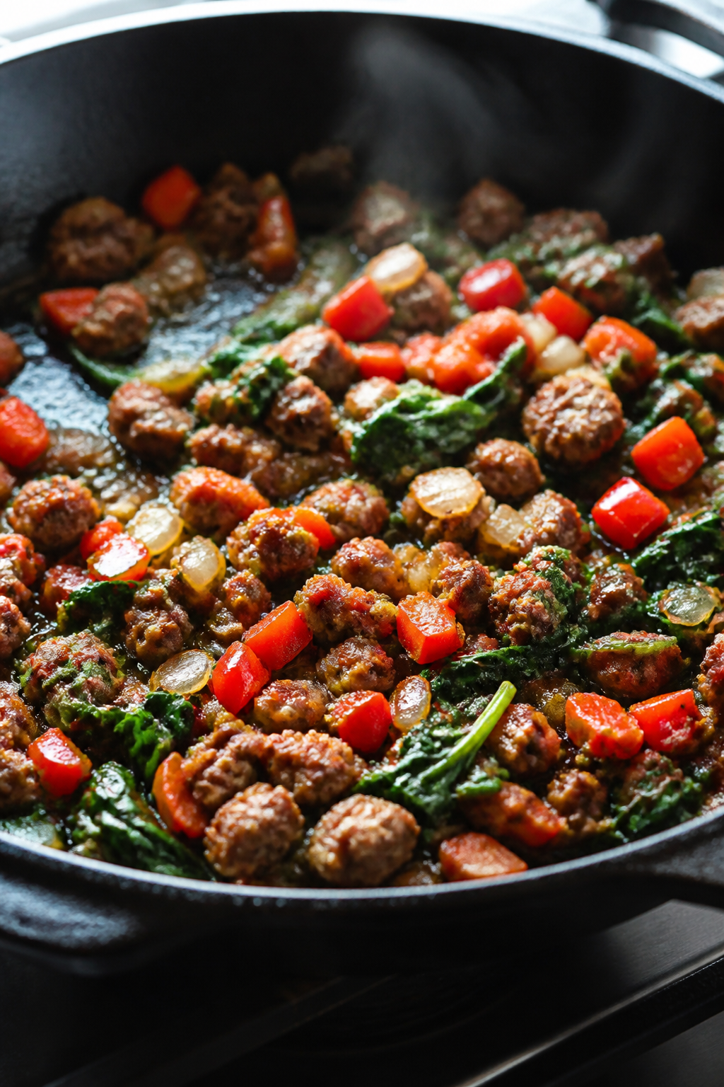 Cooking process, close-up detail: Golden-browned lean breakfast sausage with diced yellow onion and 