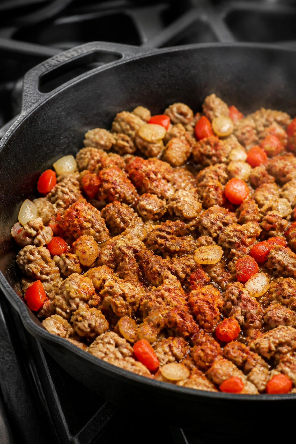 Cooking process, close-up detail: In a large black cast-iron skillet, browned ground turkey mingling