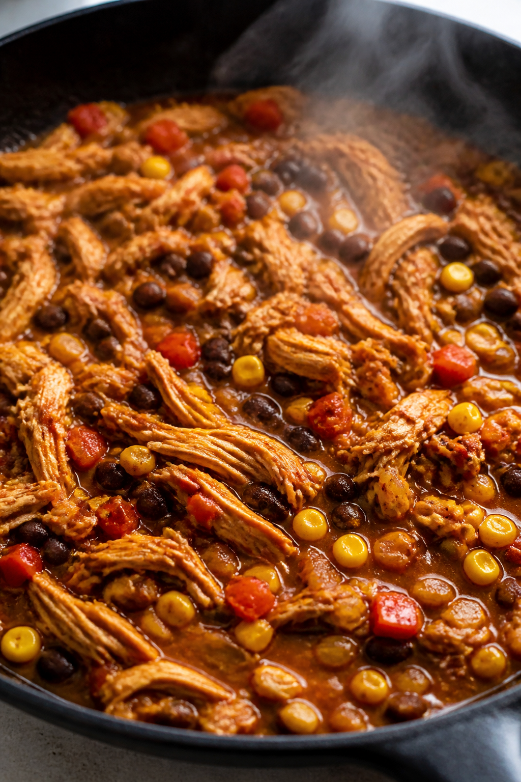 Cooking process, close-up detail: In-skillet shot of the saucy chicken taco mixture just after simme