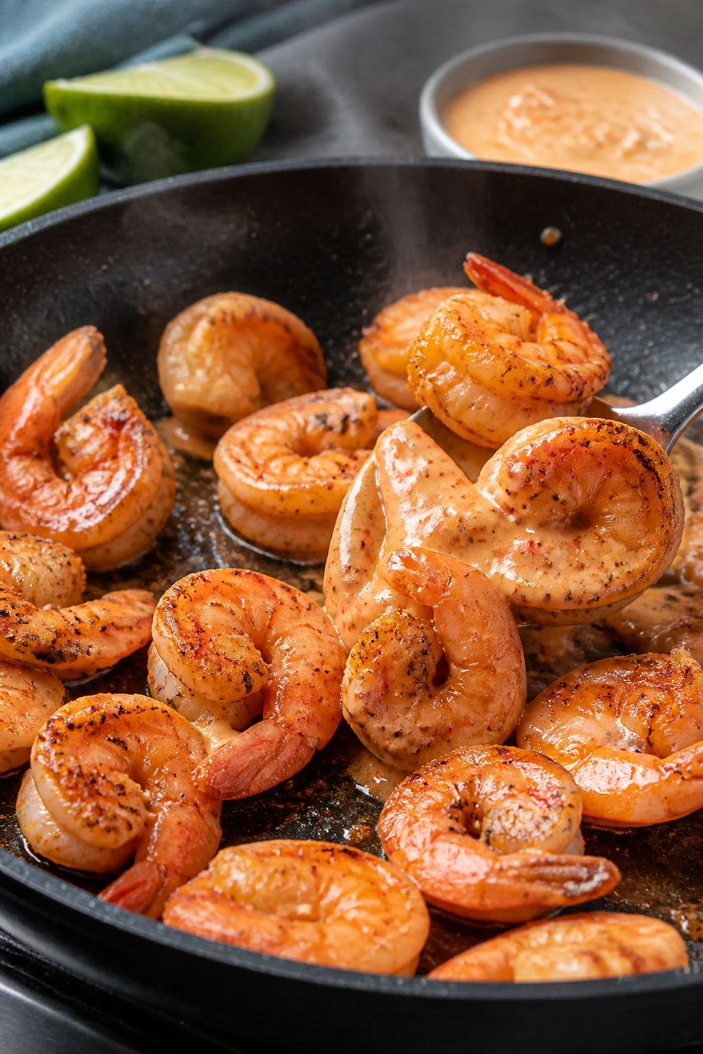 Cooking process, close-up detail: Medium-high heat sear of cornstarch-dusted shrimp in a nonstick sk