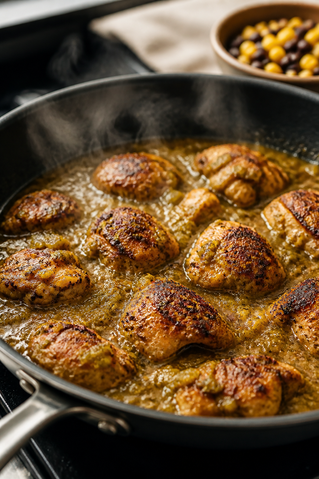 Cooking process, close-up detail: Searing salsa-verde-seasoned chicken thighs in a wide skillet, gol