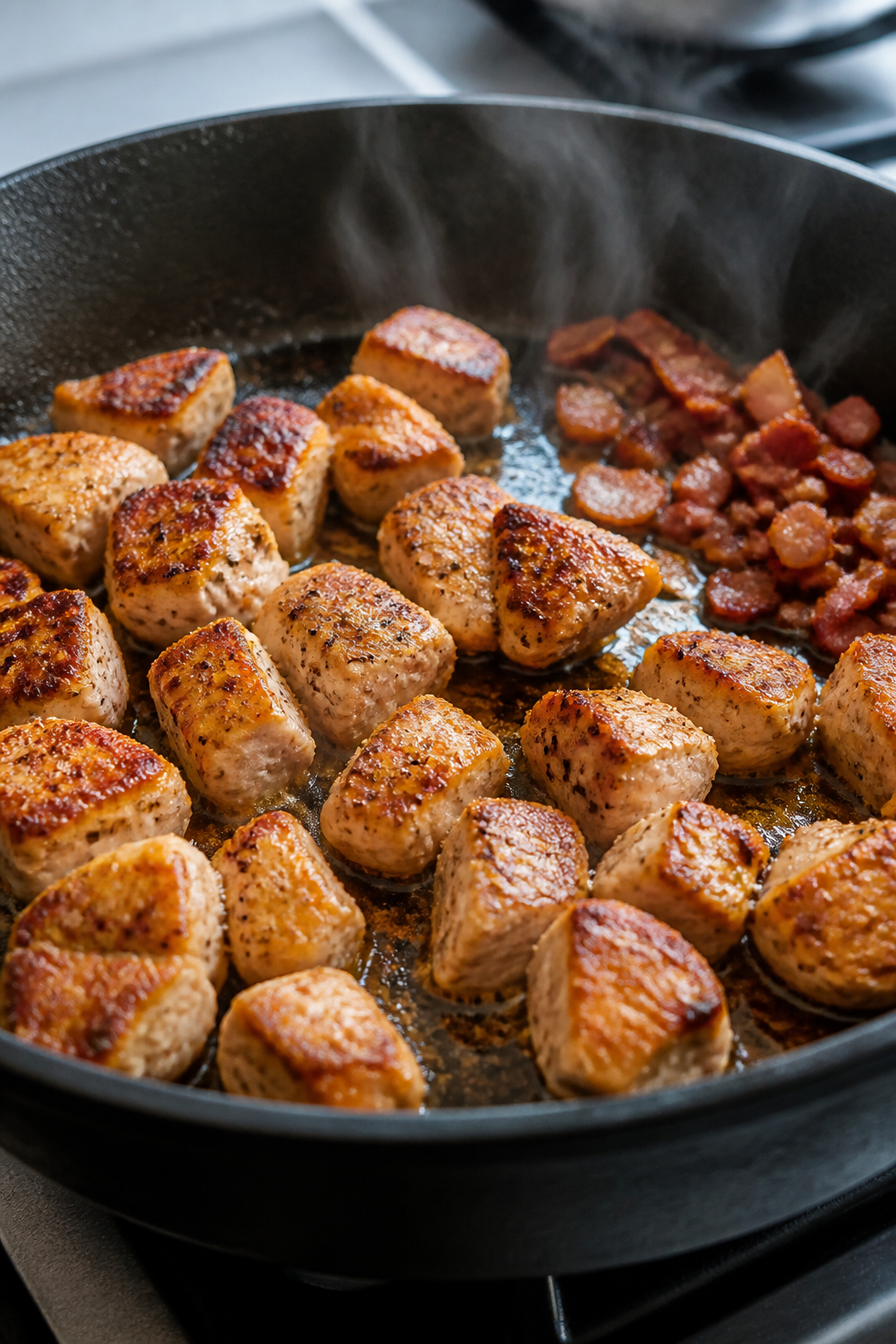 Cooking process, close-up detail: Searing seasoned chicken breast cubes in a skillet with a touch of