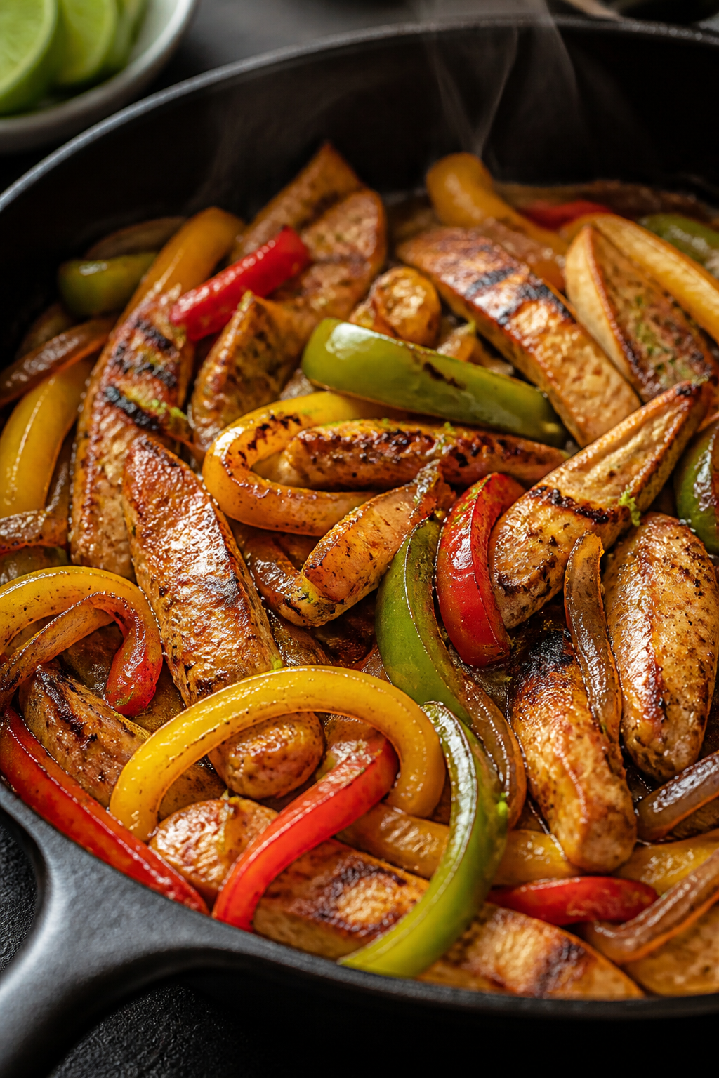Cooking process, close-up detail: Sizzling chicken fajitas in a large cast-iron skillet, showing bro