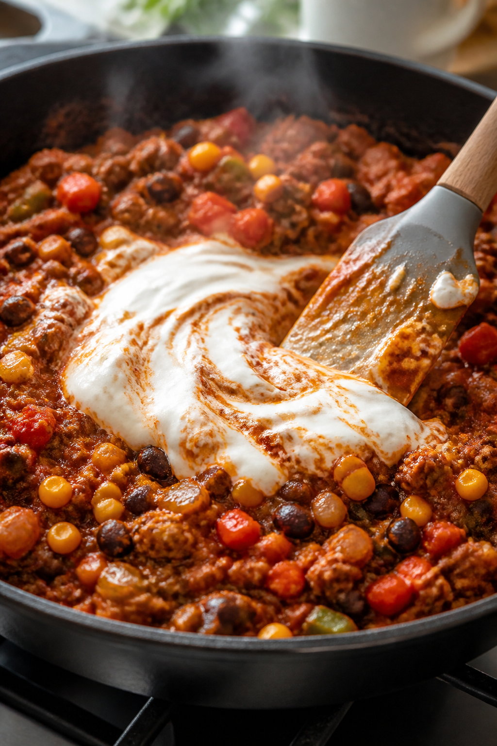 Cooking process, close-up detail: Sizzling taco casserole filling in a heavy skillet just off the he