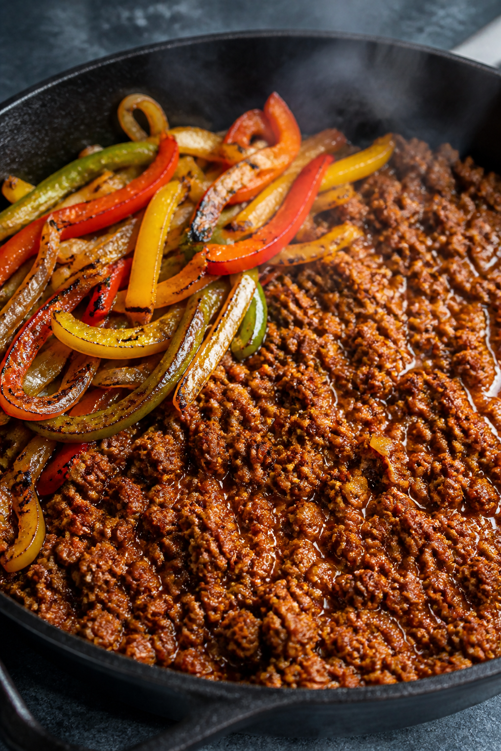 Cooking process, close-up detail: Sizzling taco-seasoned ground beef in a cast-iron skillet, saucy a