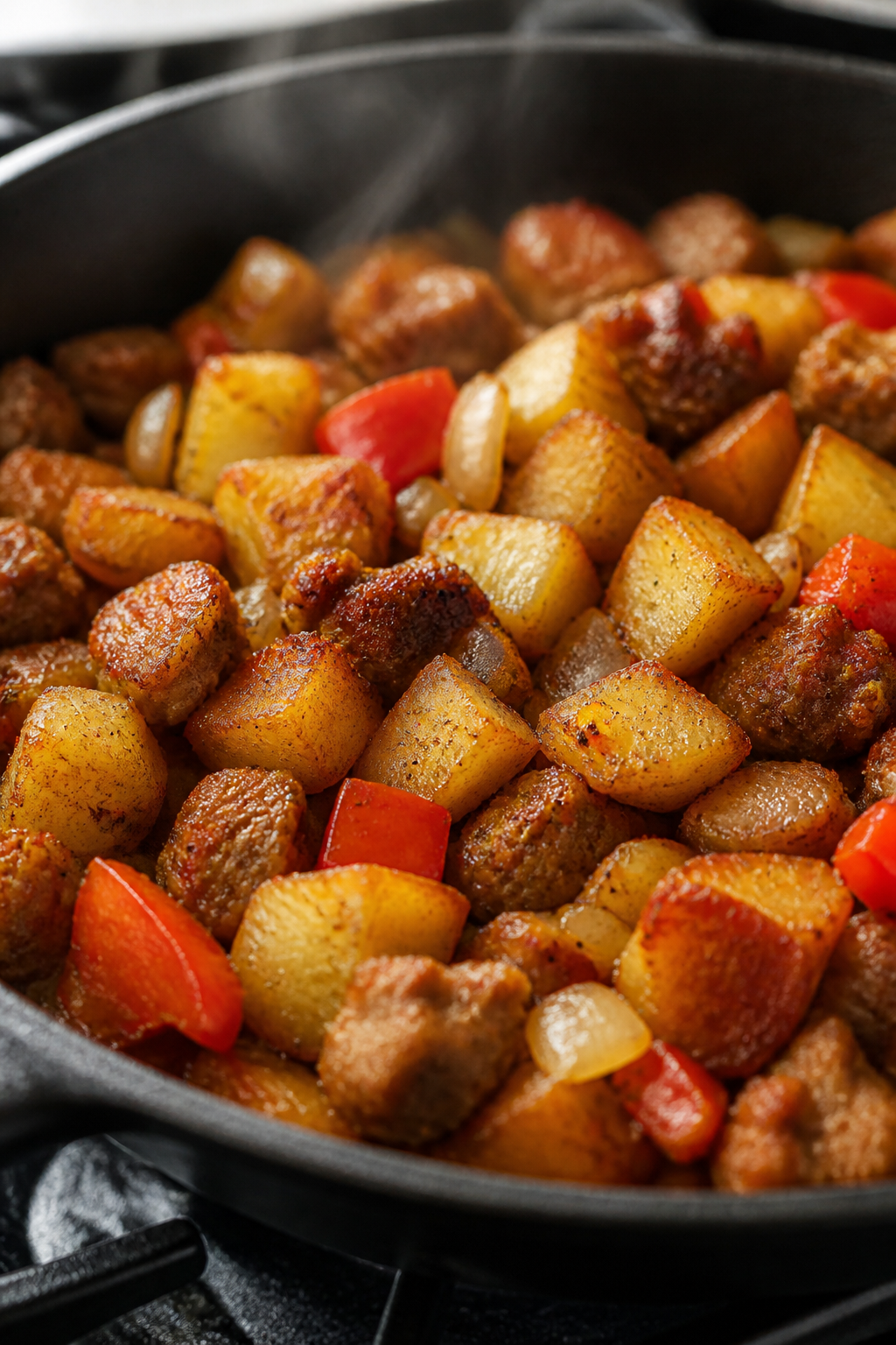 Cooking process, close-up detail: Skillet of golden, crispy diced Yukon gold potatoes tossed with br