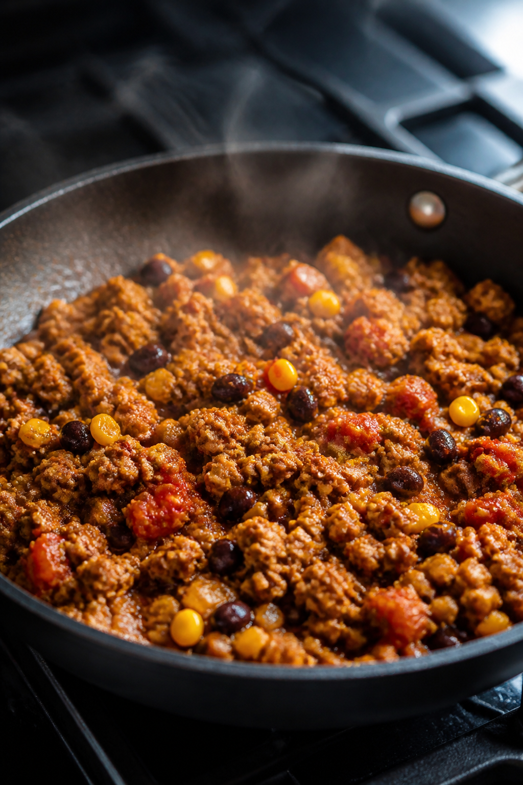 Cooking process, close-up detail: Skillet of seasoned lean ground turkey with diced onion and garlic