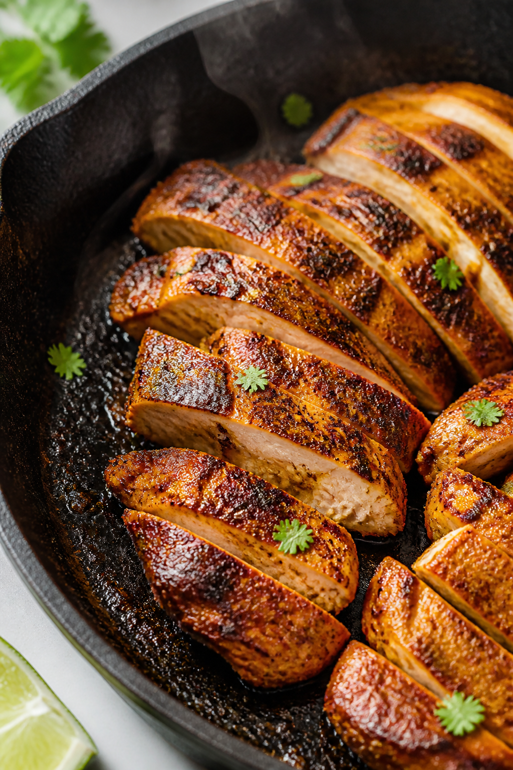 Cooking process, close-up detail: Sliced marinated chicken breasts searing in a cast-iron skillet, g