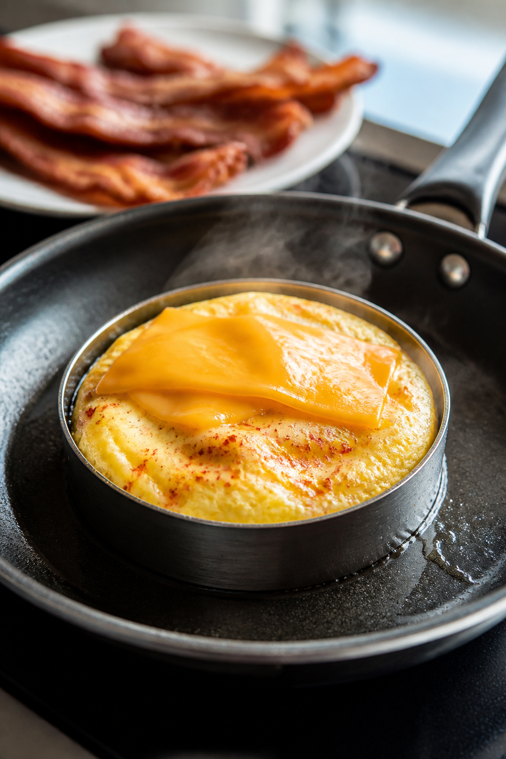 Cooking process close-up: Fluffy round egg patty in a lightly oiled nonstick skillet inside a mason