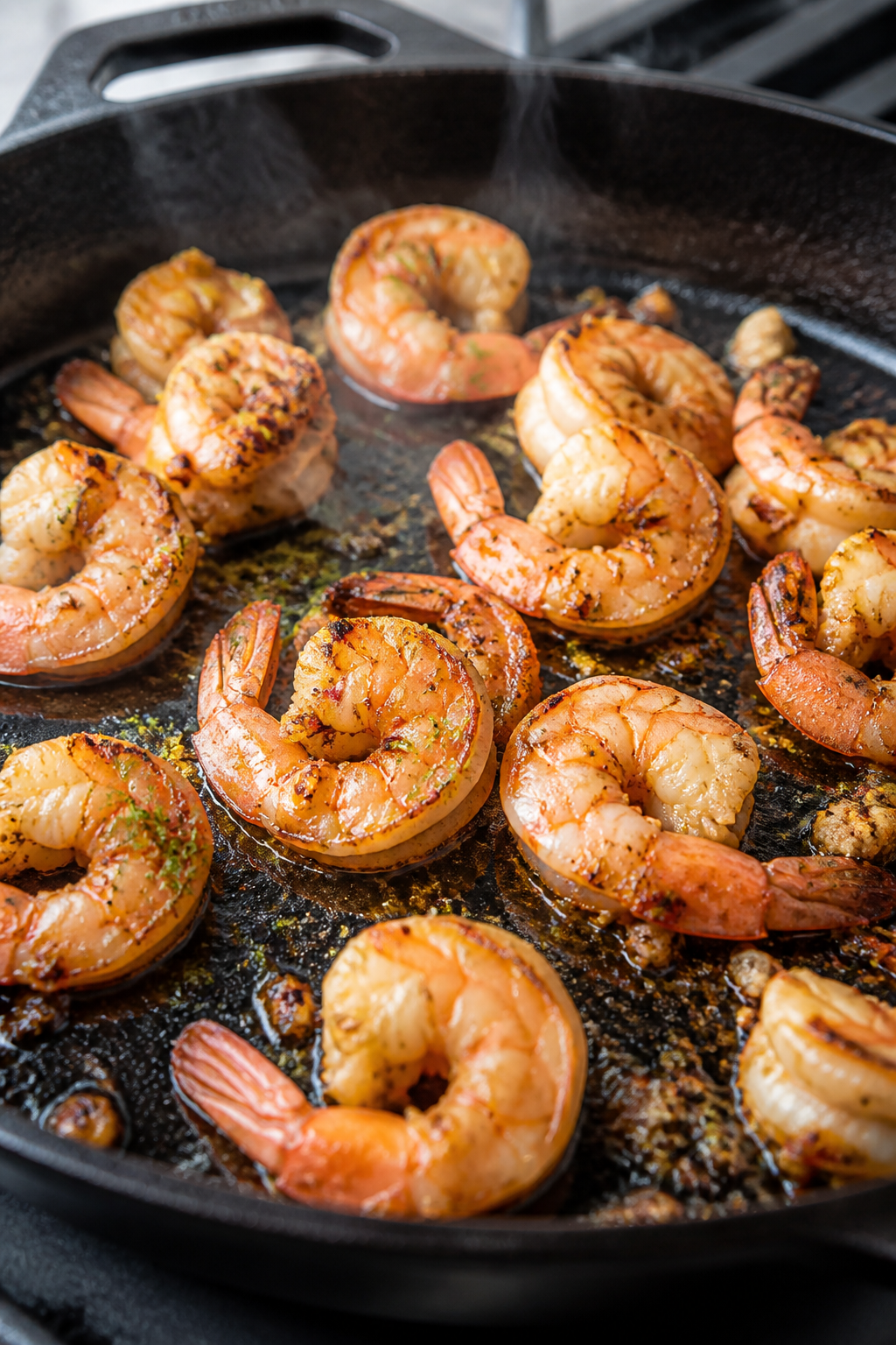 Cooking process close-up: Garlic-lime marinated shrimp sizzling in a preheated cast-iron skillet, ca