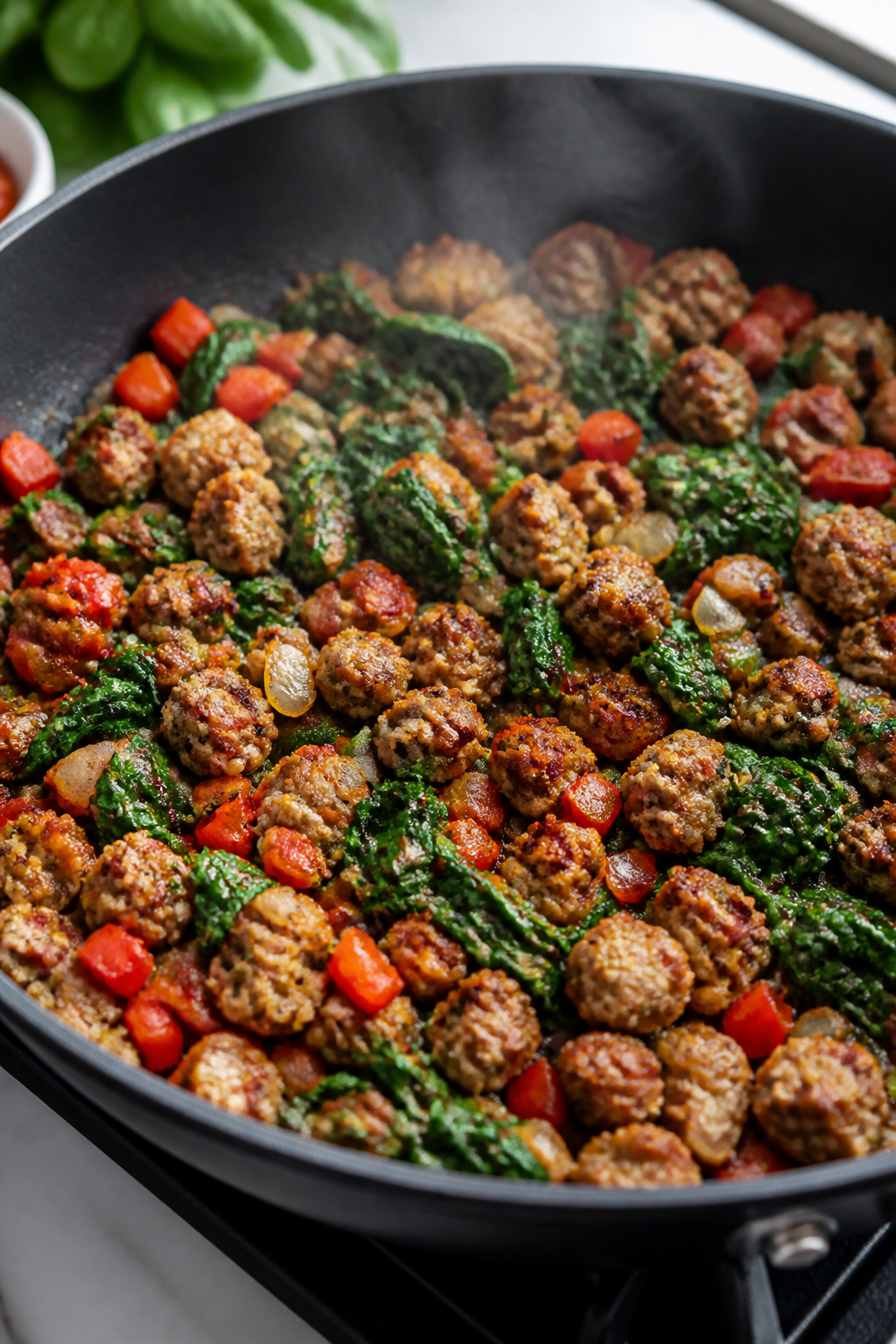 Cooking process close-up: Golden-brown breakfast sausage crumbles sizzling with softened diced onion