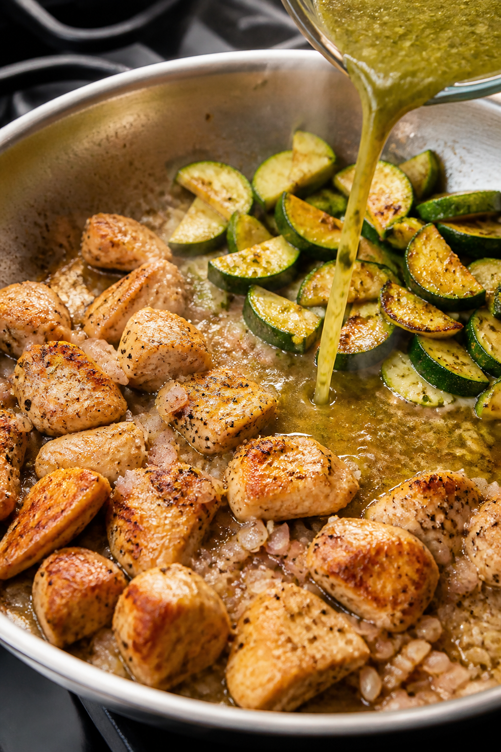 Cooking process close-up: Golden-browned bite-size chicken pieces sizzling in a large skillet, fond 
