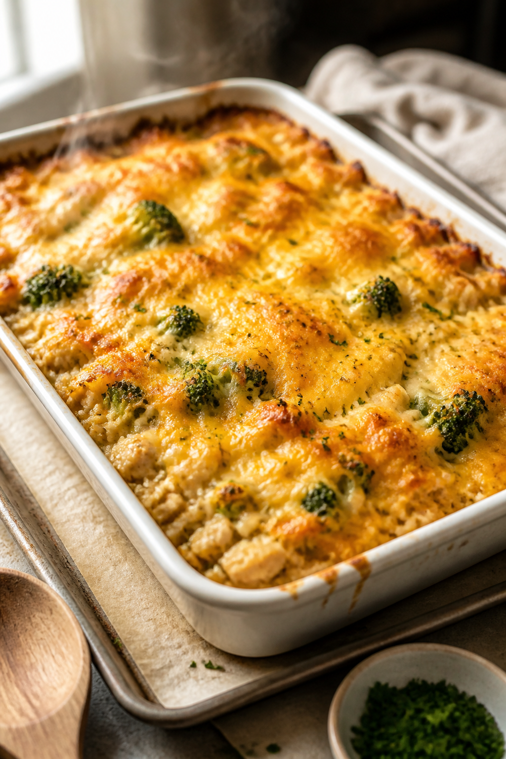 Cooking process, close-up: Golden, bubbling Cheesy Chicken Broccoli Rice Protein Bake just out of th