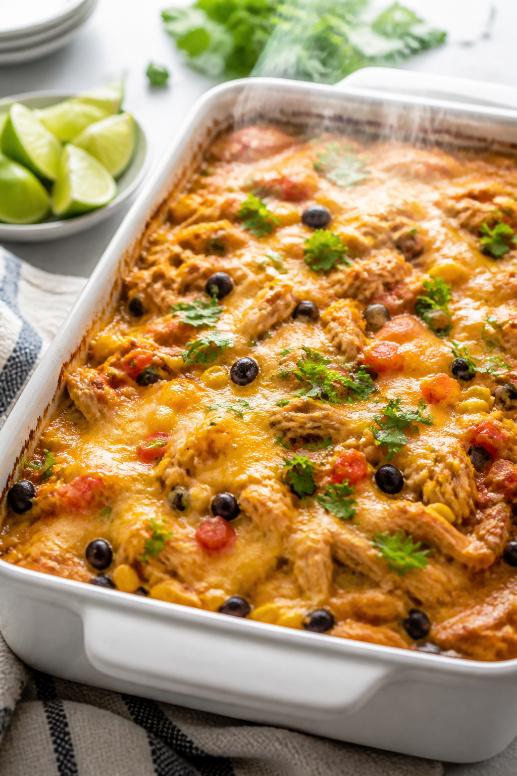 Cooking process, close-up: Golden, bubbling Southwest chicken casserole just pulled from the oven in