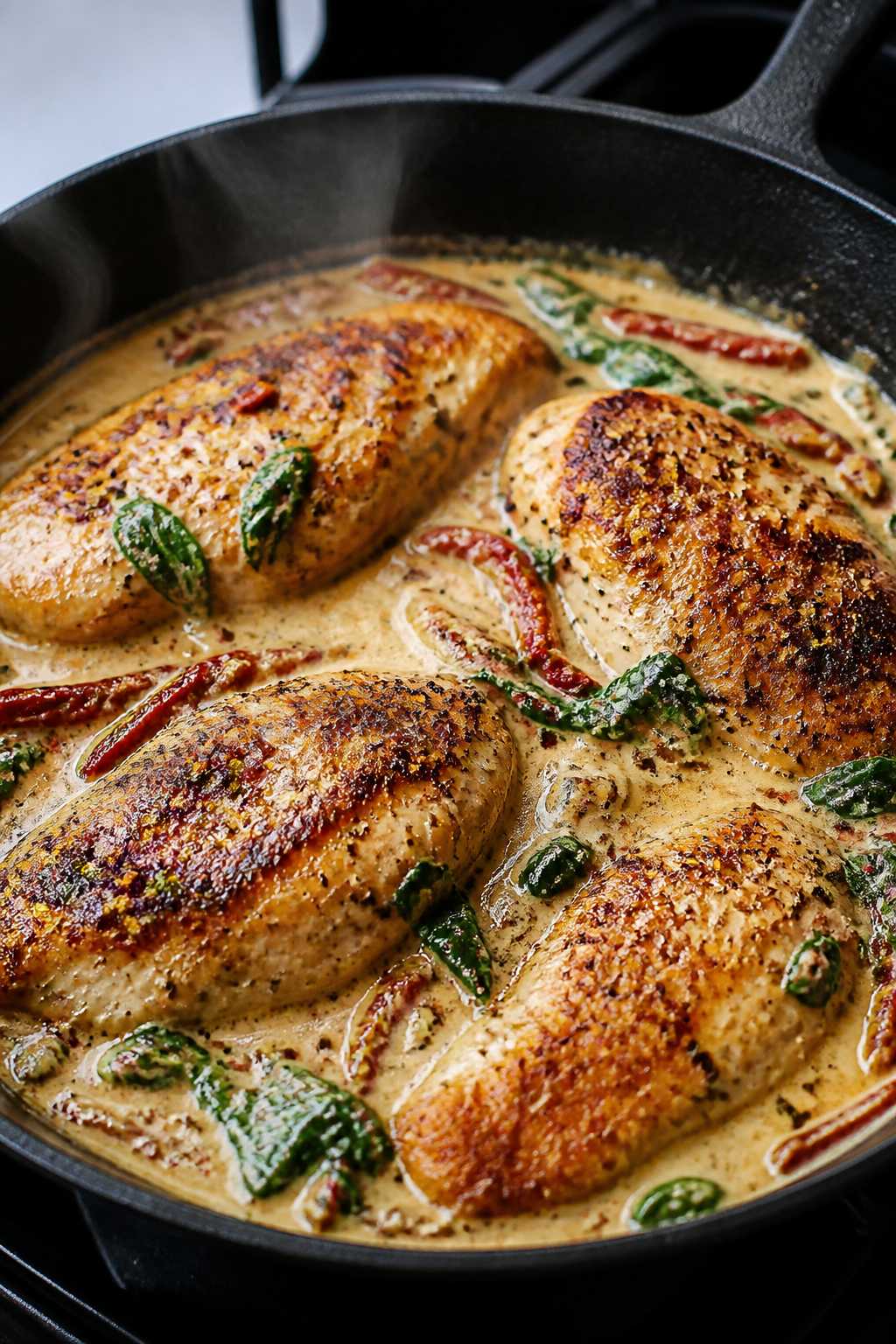 Cooking process close-up: Golden pan-seared chicken cutlets nestled in a large cast-iron skillet, ed