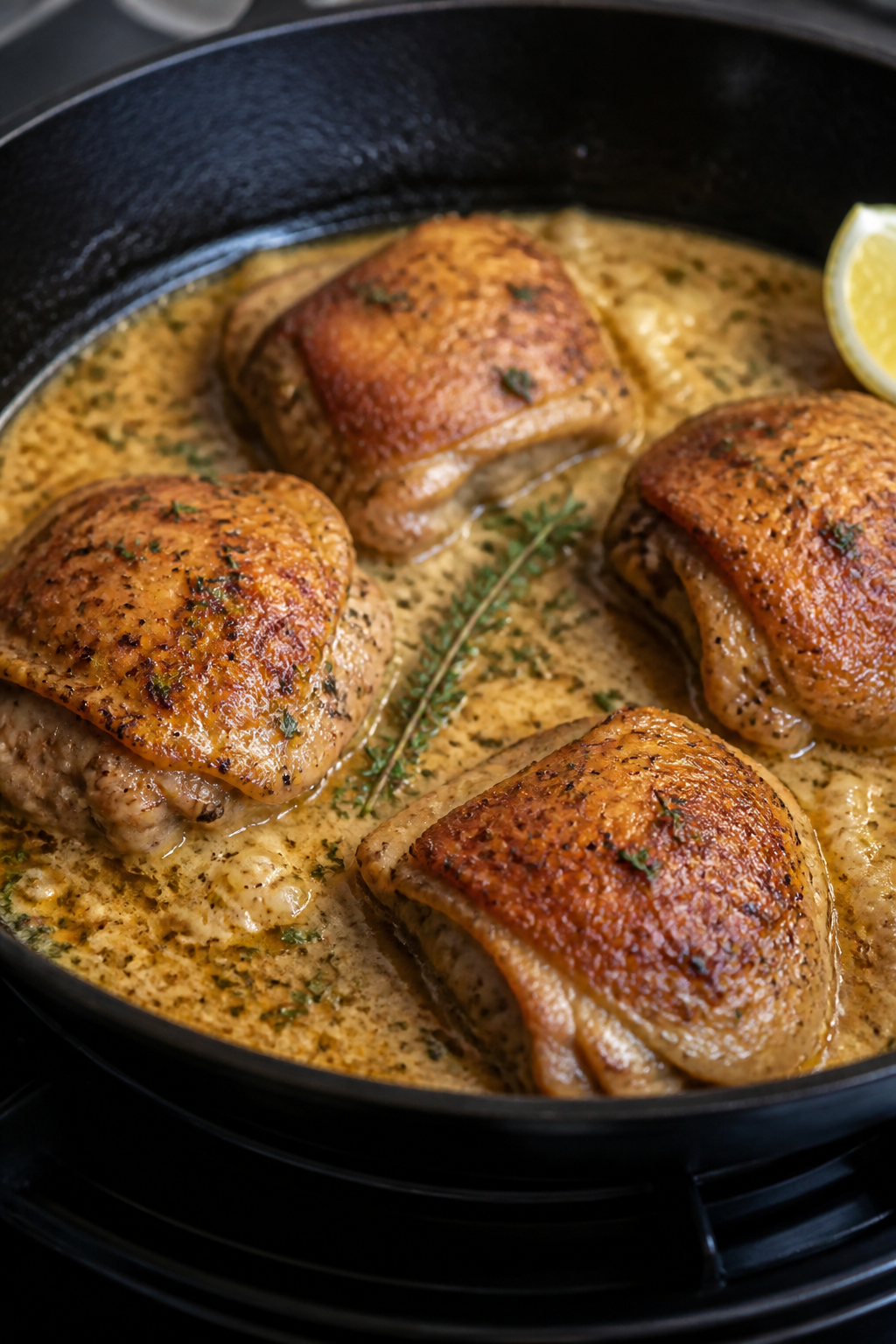 Cooking process, close-up: Golden-seared chicken thighs nestled in a skillet as the creamy garlic sa