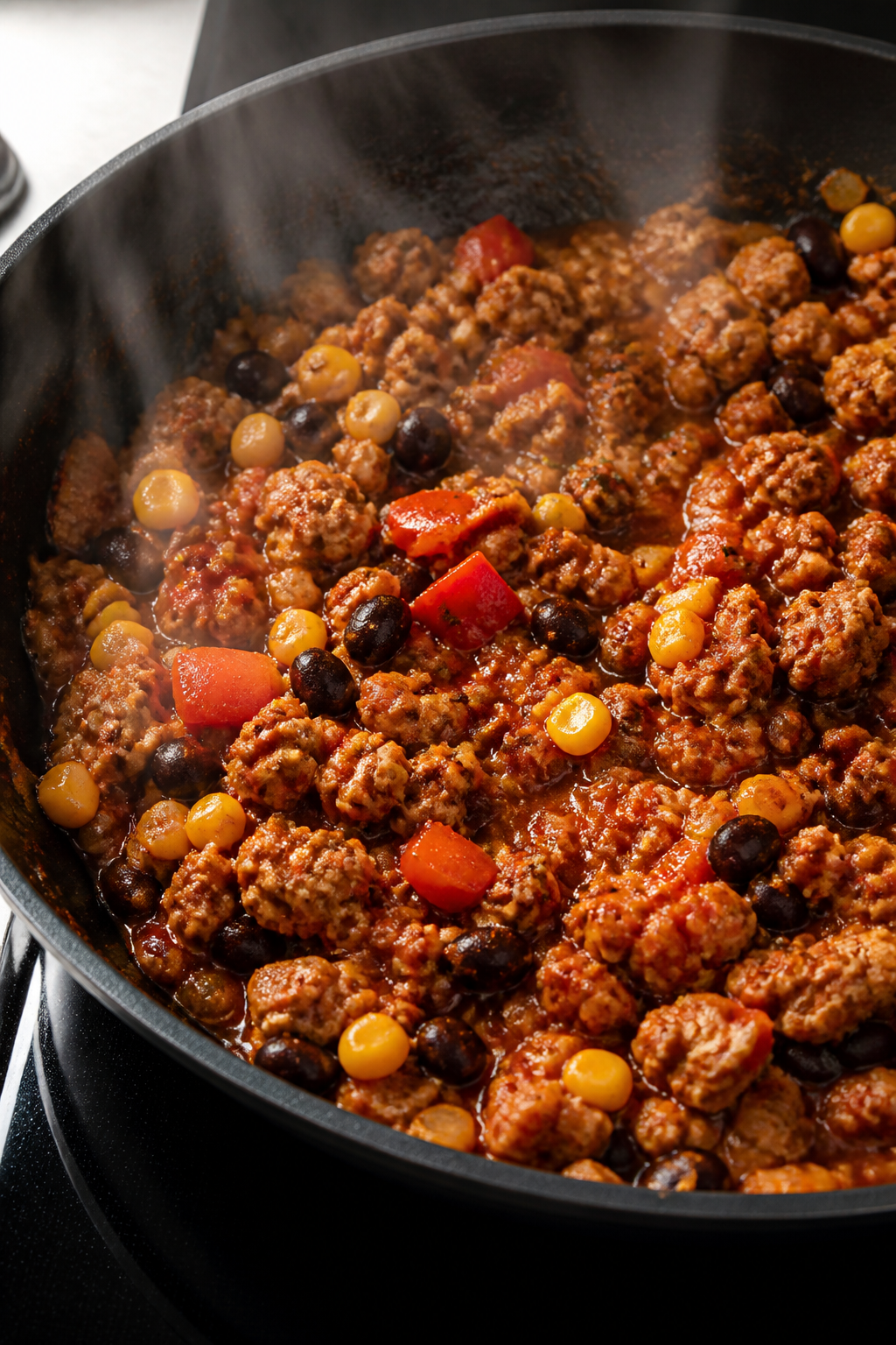 Cooking process close-up: Ground turkey browning in a wide skillet with softened diced onion and bel