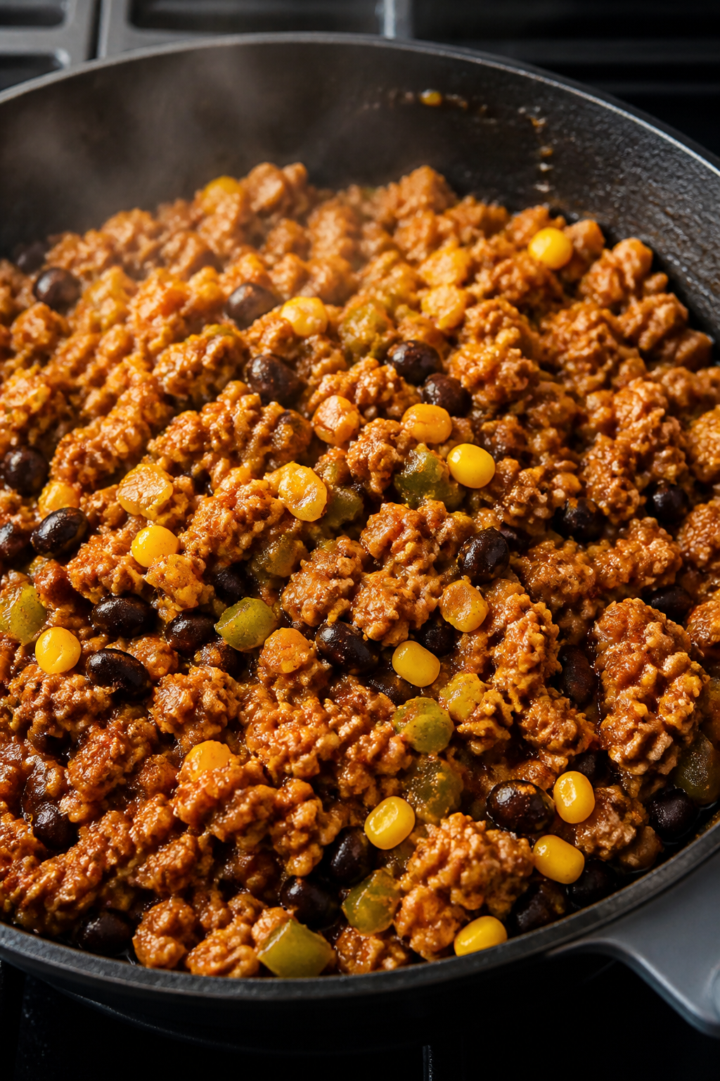 Cooking process close-up: Ground turkey enchilada filling sizzling in a wide skillet, showing browne