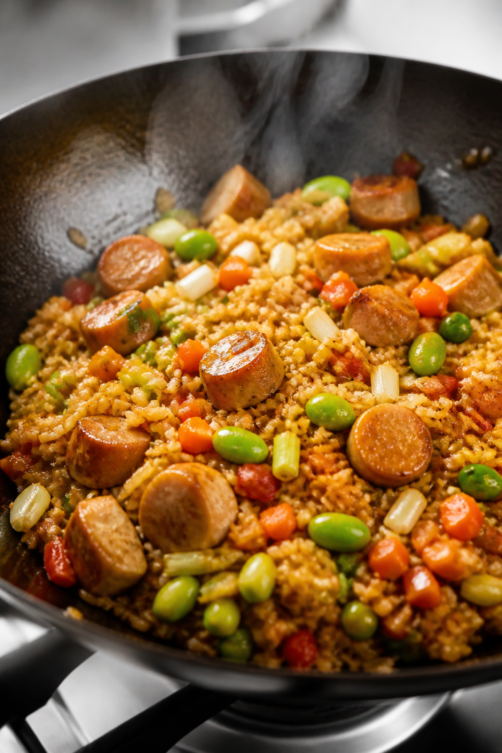 Cooking process, close-up: High-protein breakfast fried rice mid-cook in a well-seasoned wok over me