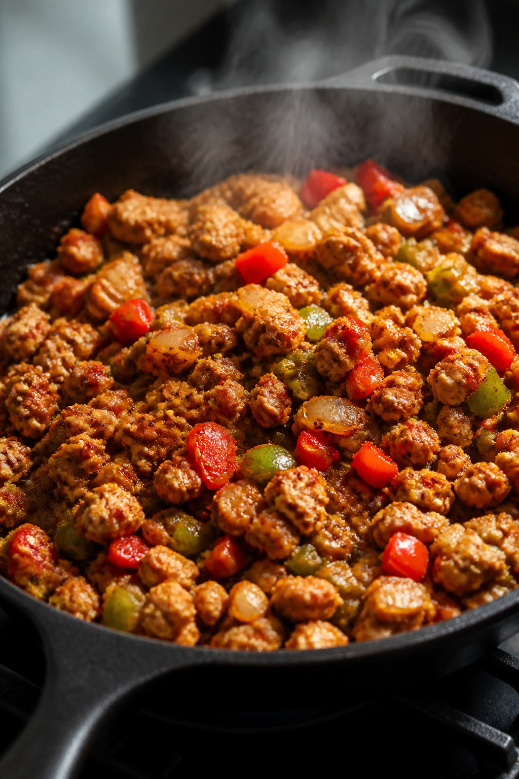 Cooking process close-up: In a large cast-iron skillet, ground turkey and sautéed diced red and gre