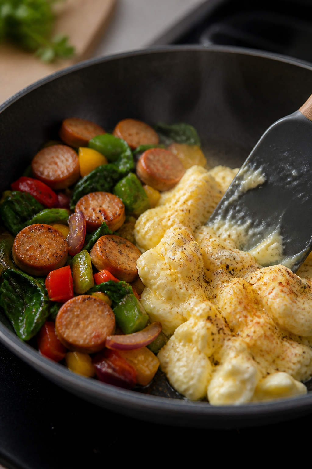 Cooking process close-up: In a matte-black nonstick skillet, soft, just-set egg white curds are bein