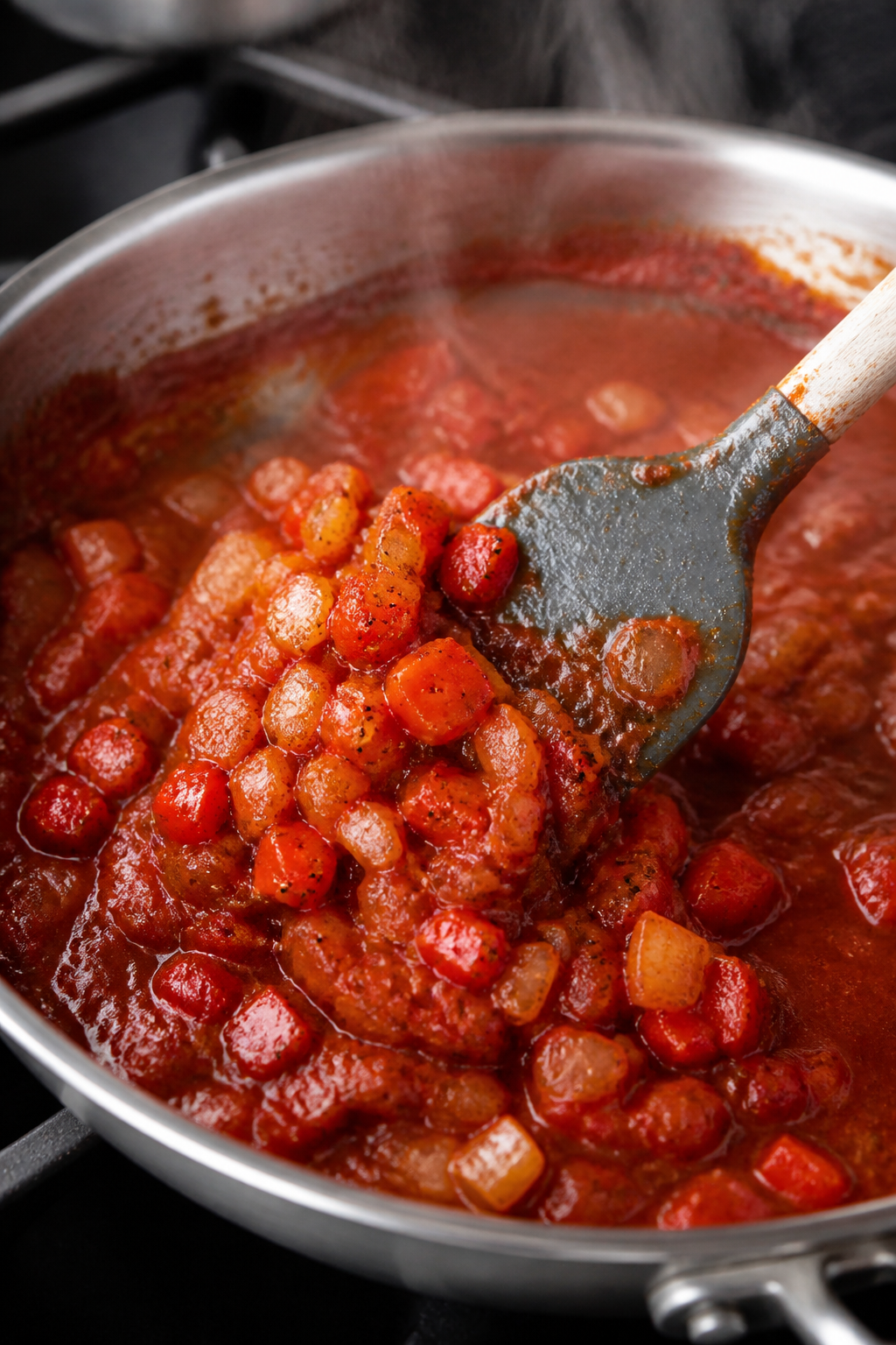 Cooking process close-up: In a stainless skillet over medium heat, sautĂŠed diced red bell pepper an
