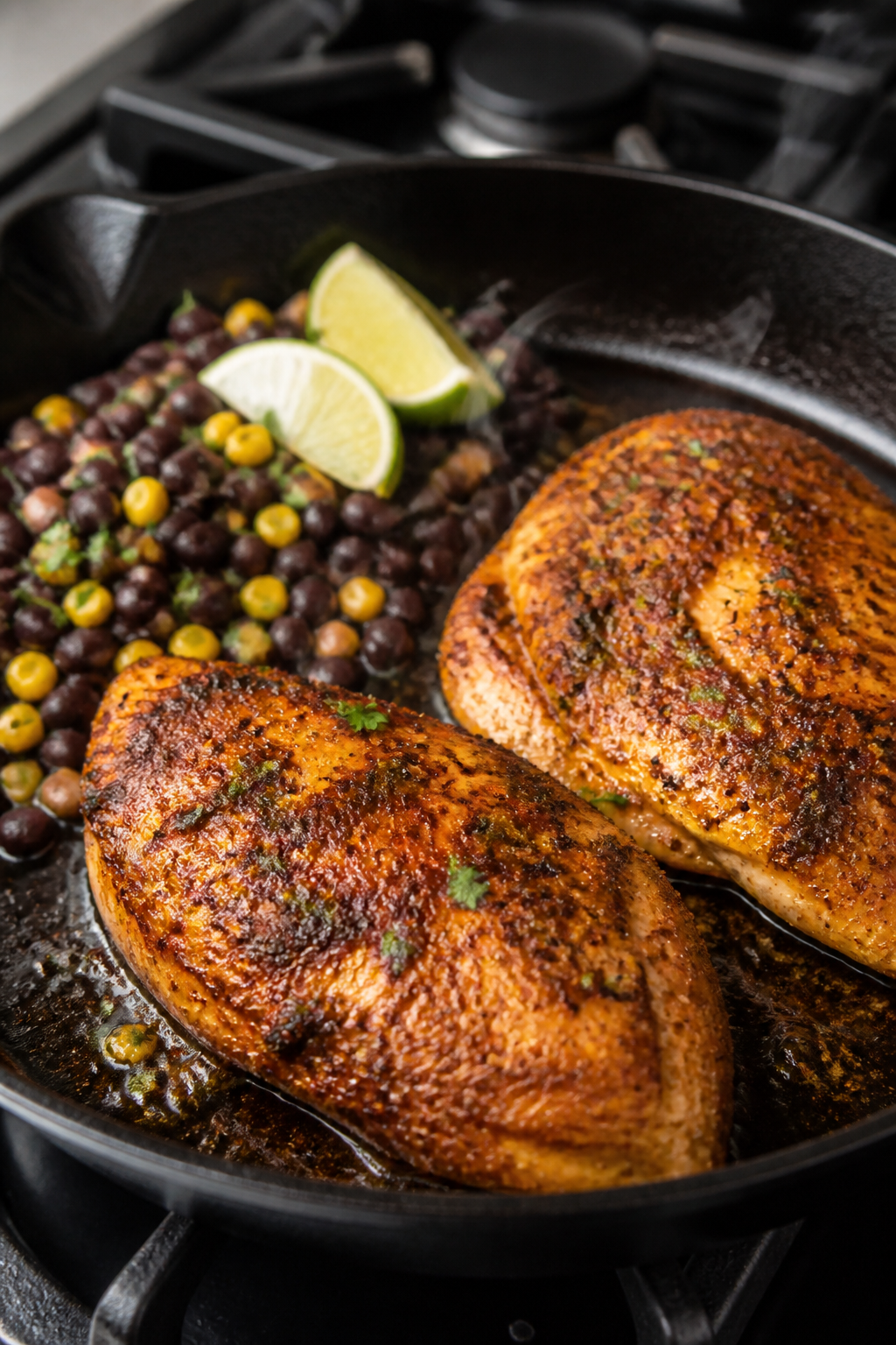Cooking process close-up: Juicy, spice-rubbed chicken breasts sizzling in a cast-iron skillet, golde