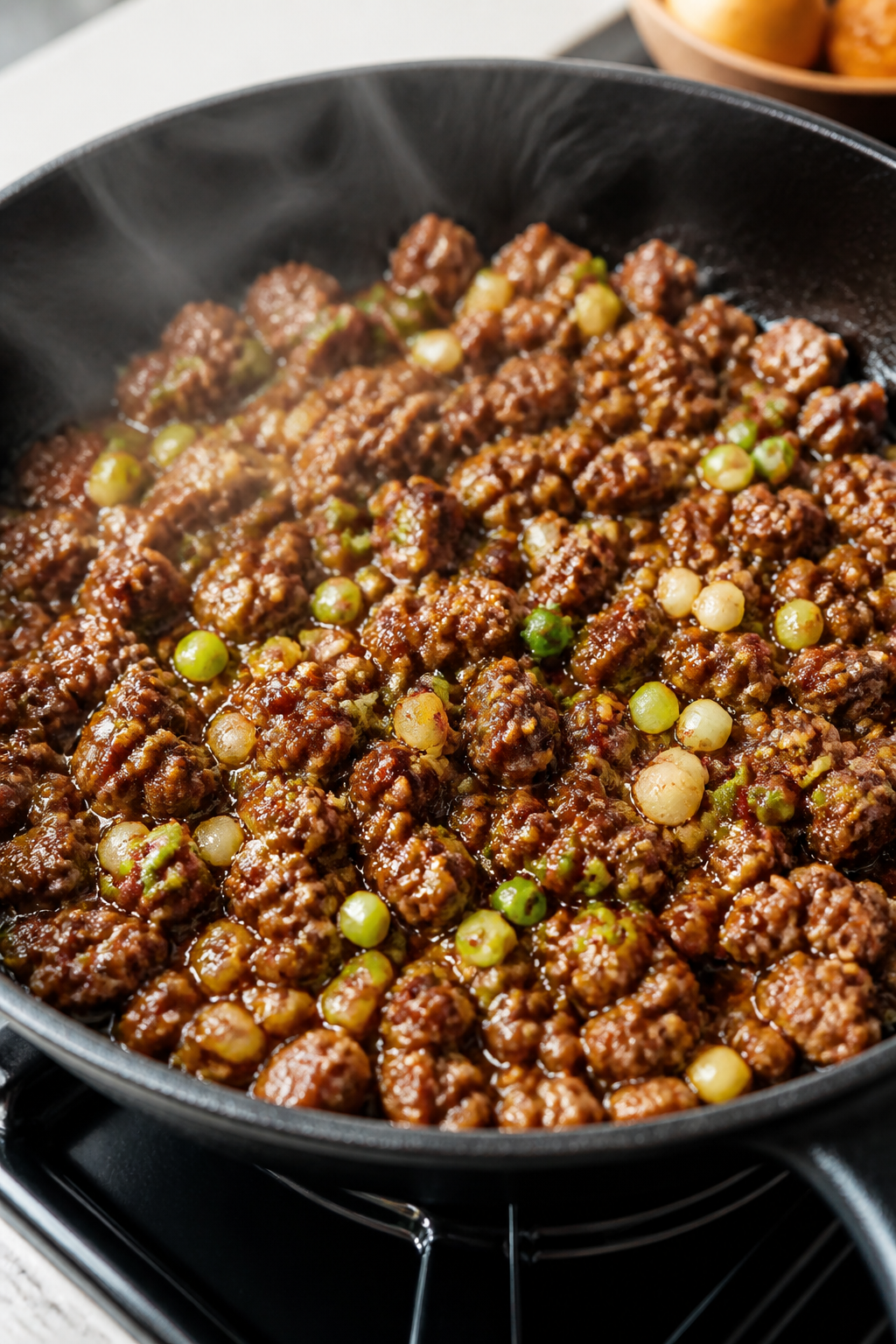 Cooking process close-up: Lean ground beef sizzling in a hot skillet, evenly browned and glazed with