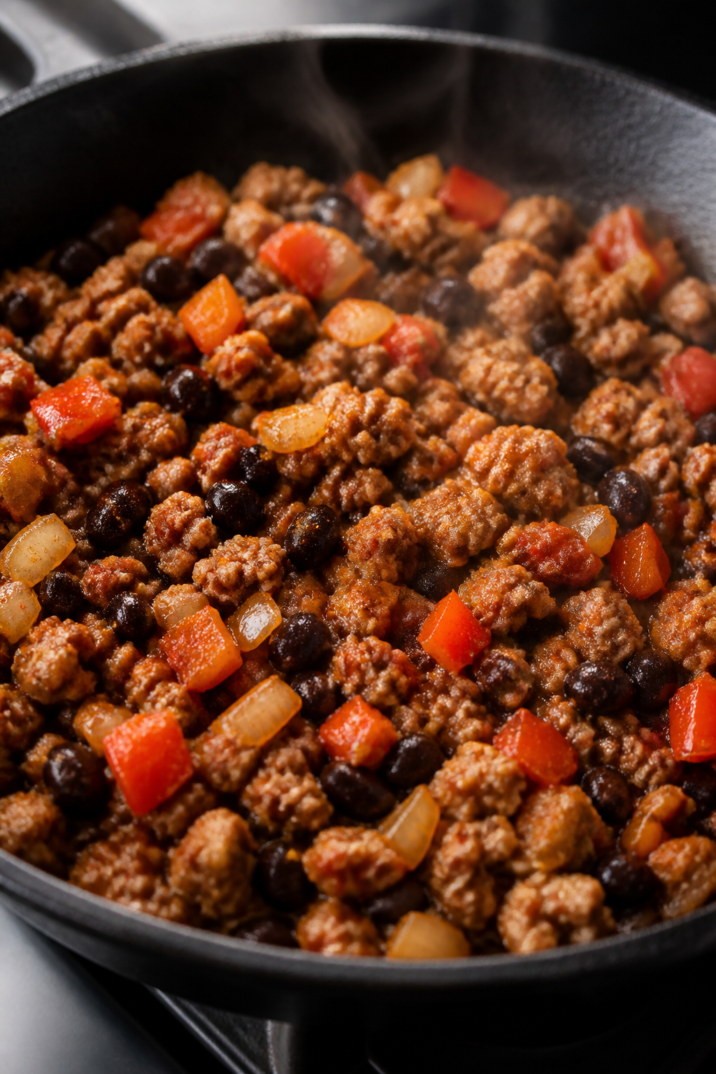 Cooking process close-up: Lean ground turkey with black beans, diced onion, and bell pepper sizzling