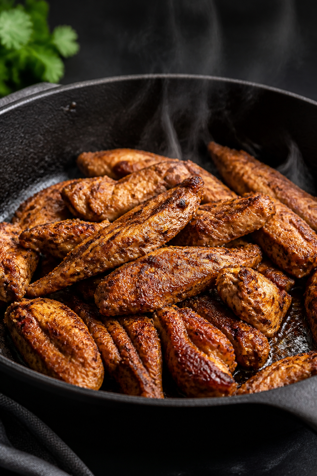 Cooking process close-up: Marinated chicken shawarma strips sizzling in a hot cast-iron skillet, gol