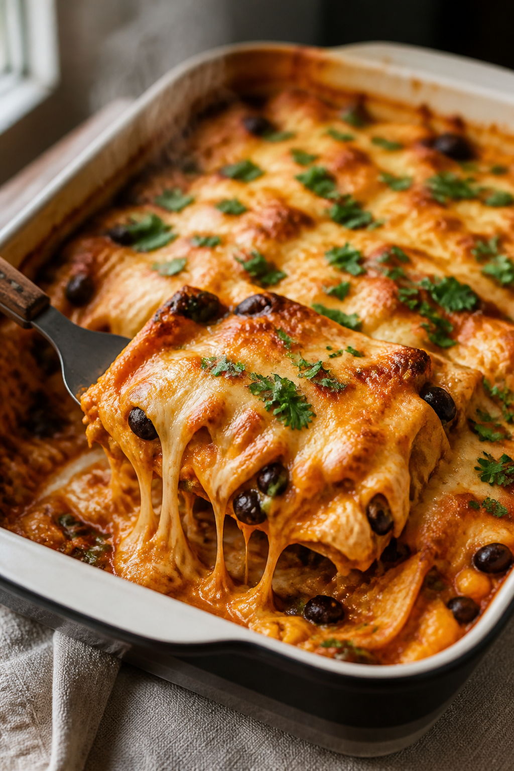 Cooking process, close-up: Melted-and-bubbly Chicken Enchilada Protein Casserole just out of the ove