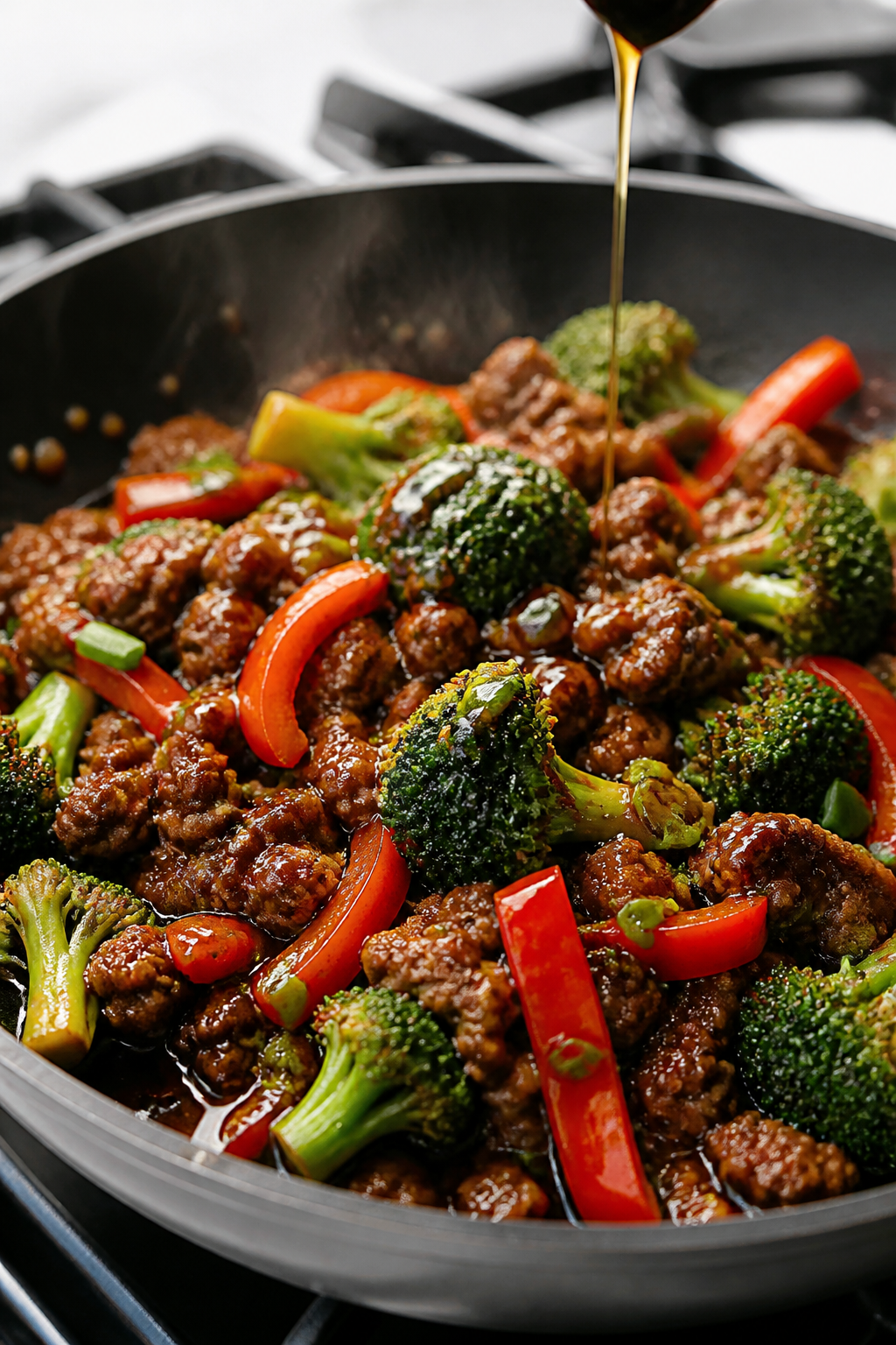 Cooking process close-up: Mongolian ground beef simmering in a glossy, thickened soy-ginger-garlic s