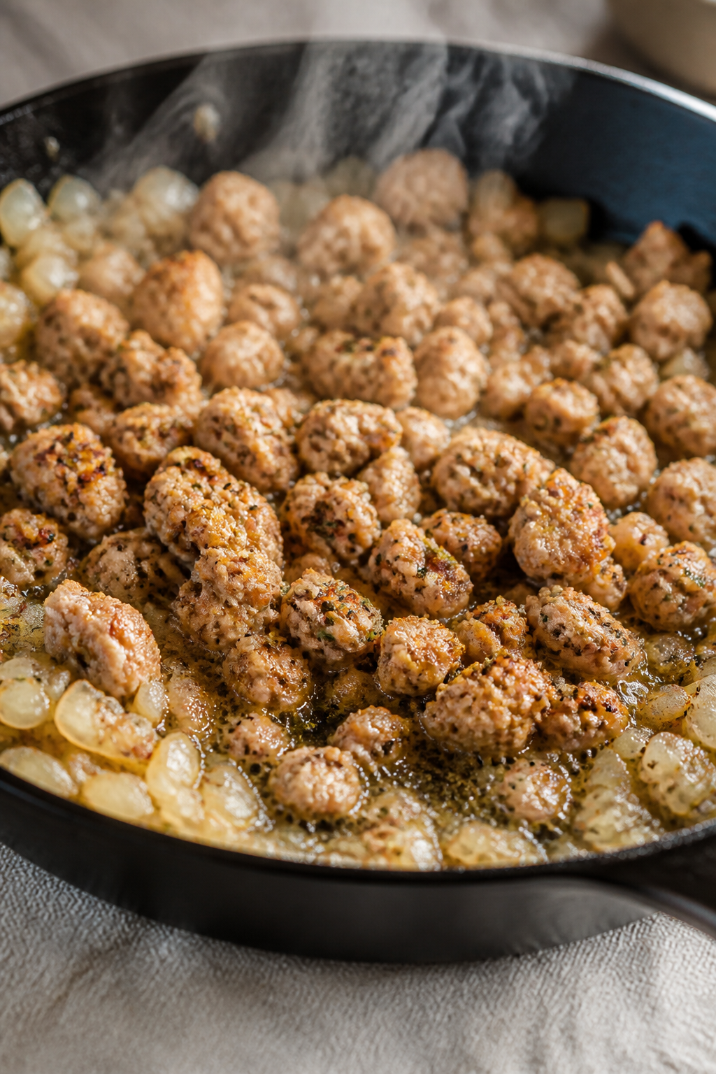 Cooking process — Close-up of ground turkey browning in a large cast-iron skillet with a glossy ga