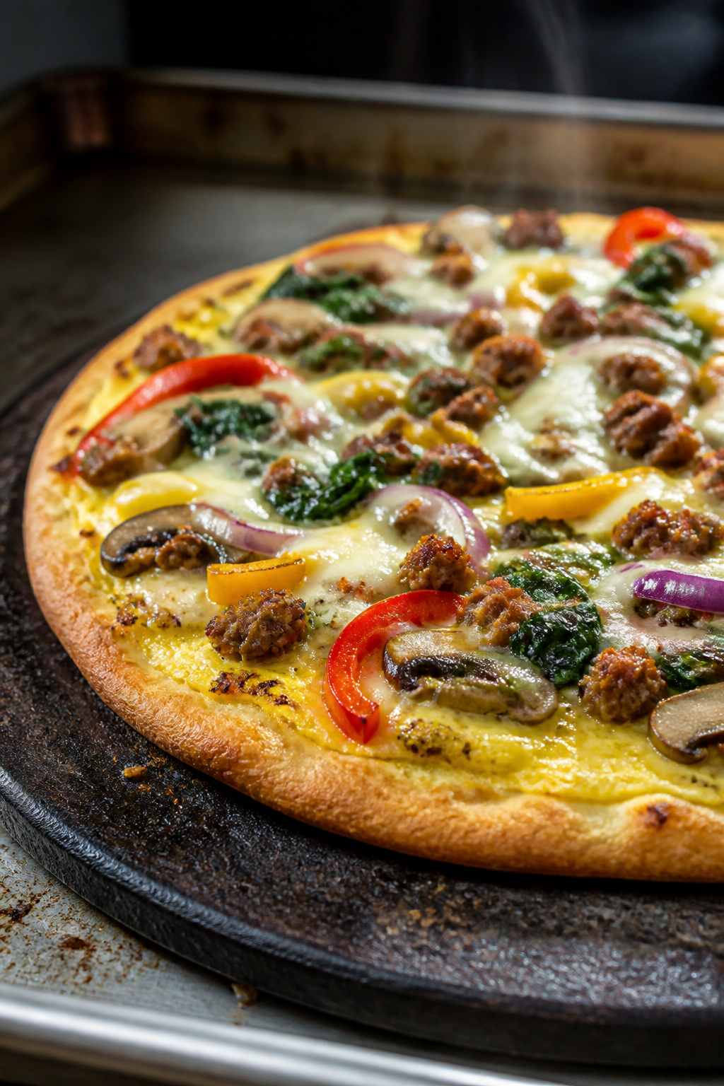 Cooking process close-up: Par-baked high-protein flatbread crust on a preheated pizza stone at 425°