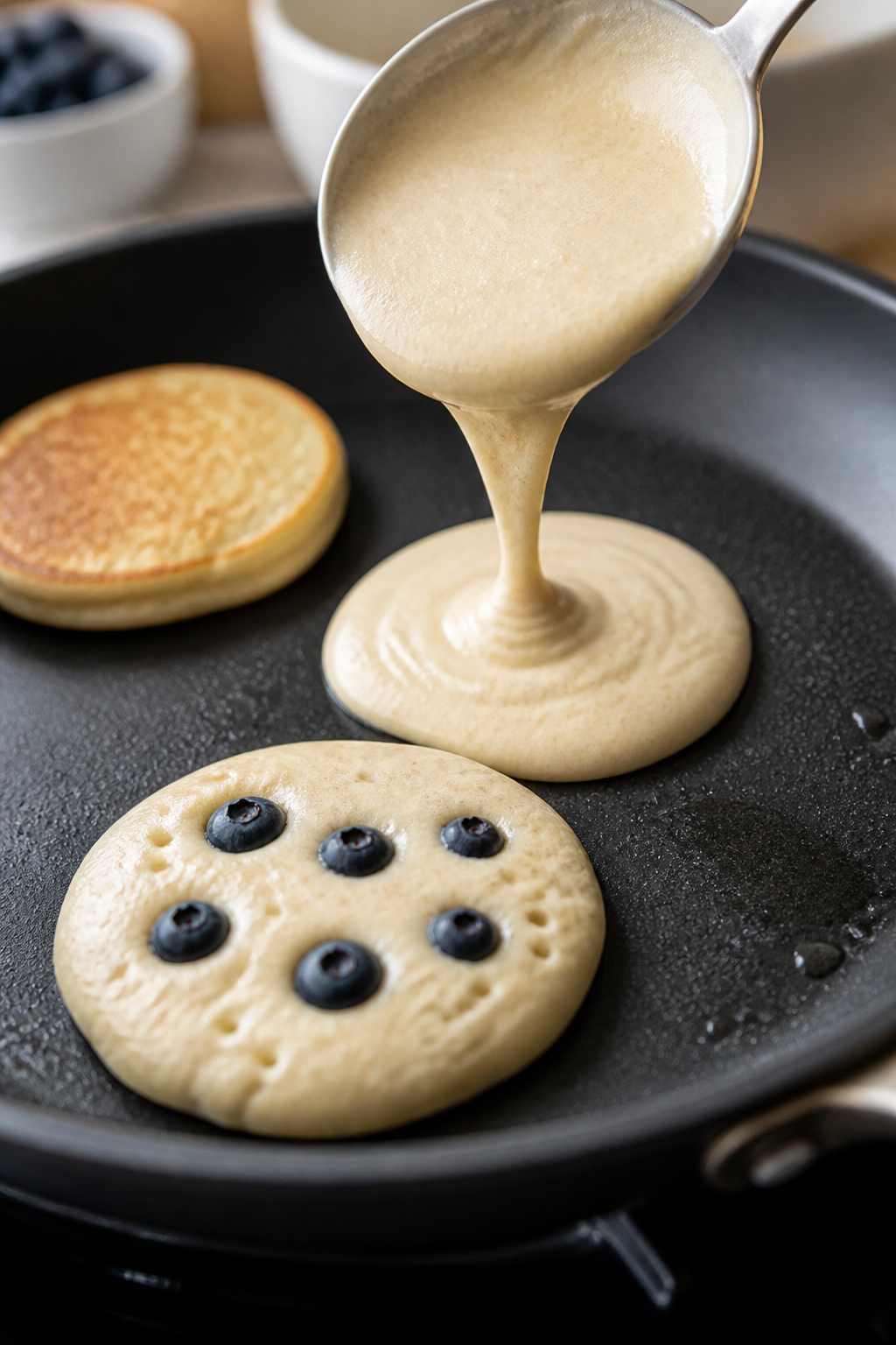 Cooking process close-up: Protein pancake batter gently ribboning off a spoon into a preheated nonst