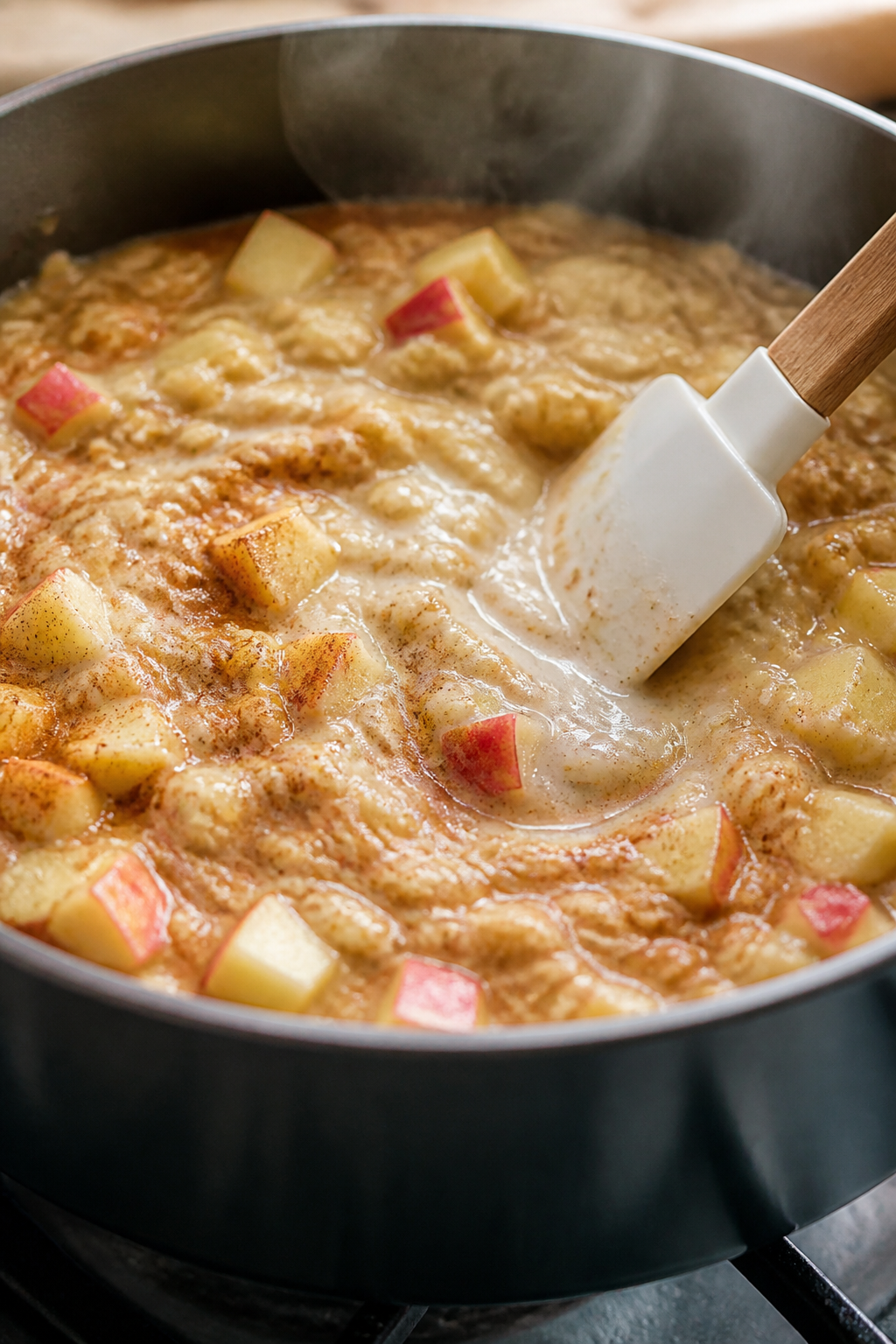 Cooking process close-up: Rolled oats simmering with softened diced apple in a heavy-bottomed saucep