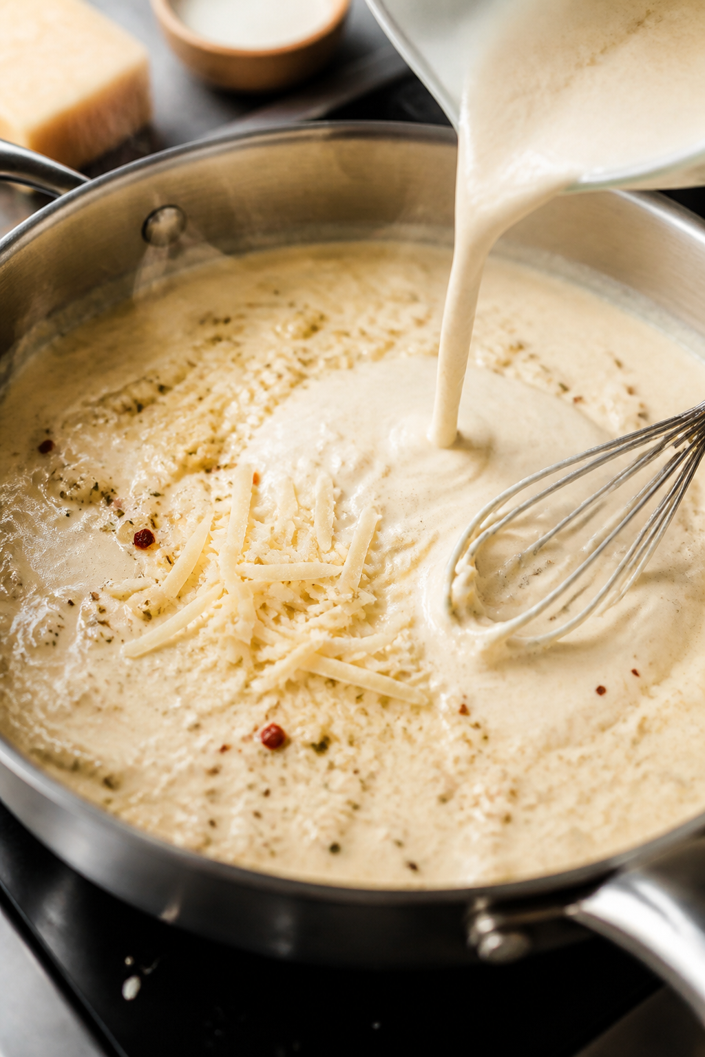 Cooking process close-up: Sautéed garlic releasing aroma in a creamy Alfredo base as milk and chick