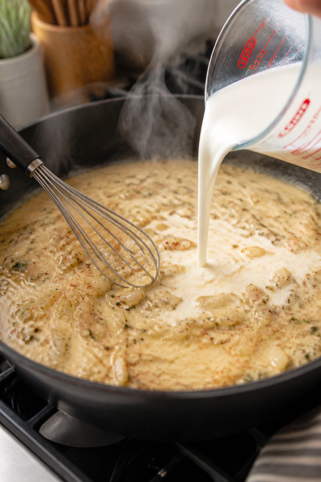 Cooking process close-up: Sautéed onion and garlic coated in a light roux in a large skillet, gloss