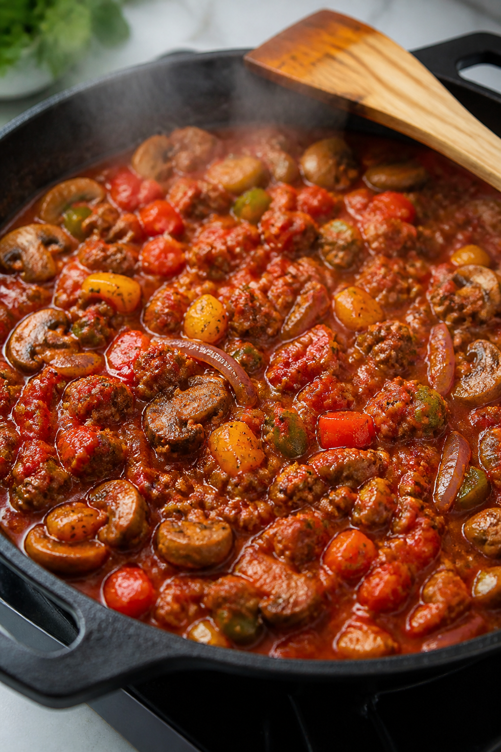 Cooking process close-up: Sautéed turkey meat sauce thickening in a skillet with marinara, diced be