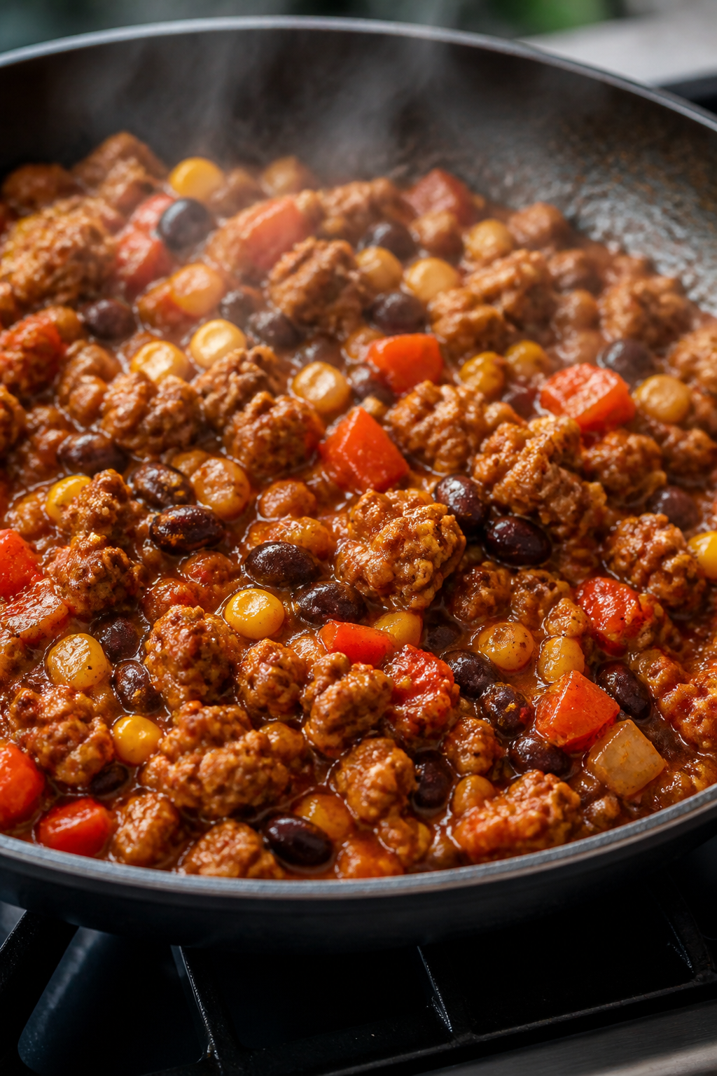 Cooking process, close-up: Sautéed turkey taco filling sizzling in a wide skillet, close-up of brow