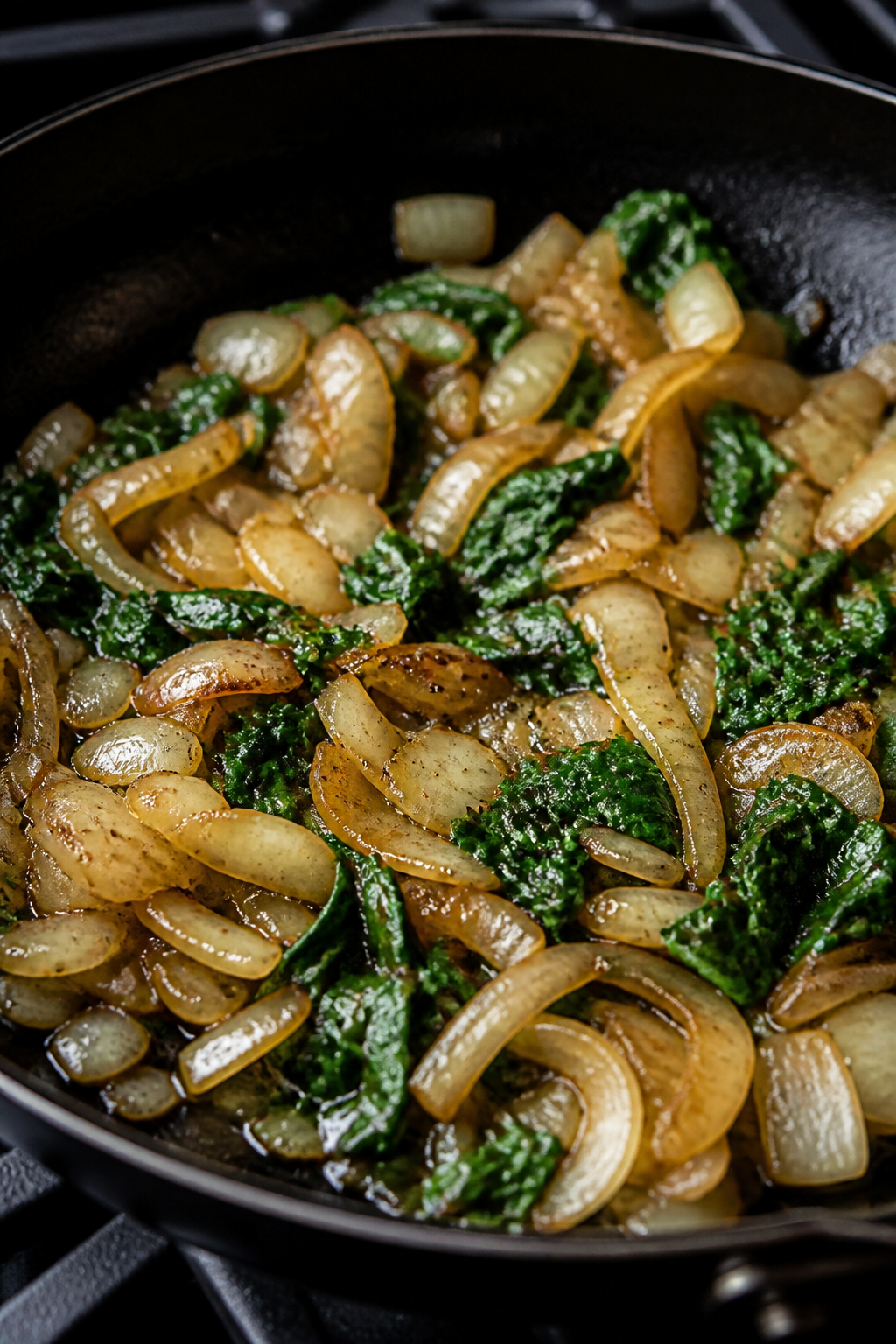 Cooking process close-up: Sautéed yellow onions just turning translucent in a black skillet with re